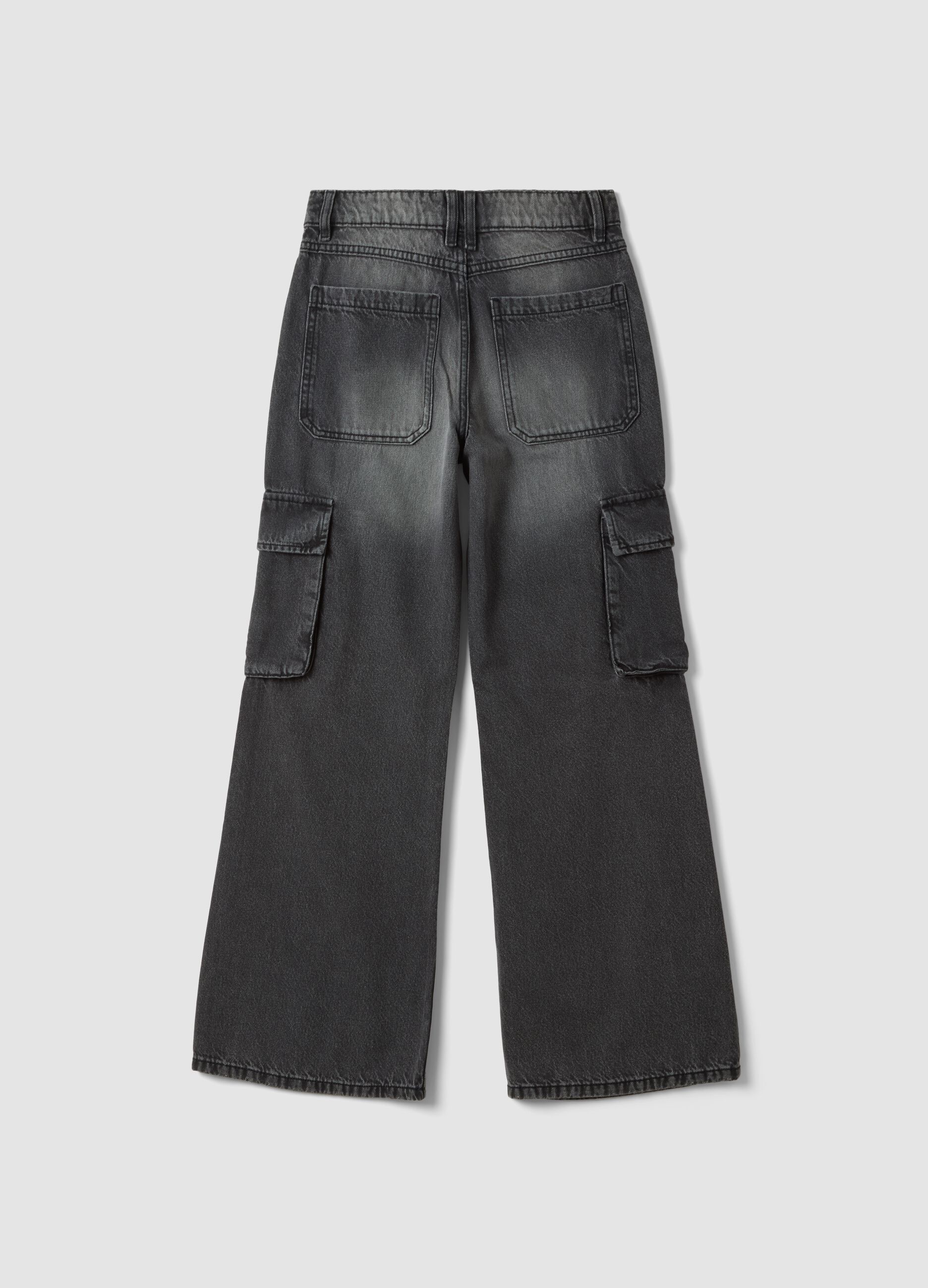 Girls&rsquo; grey cargo jeans in pure cotton, relaxed fit