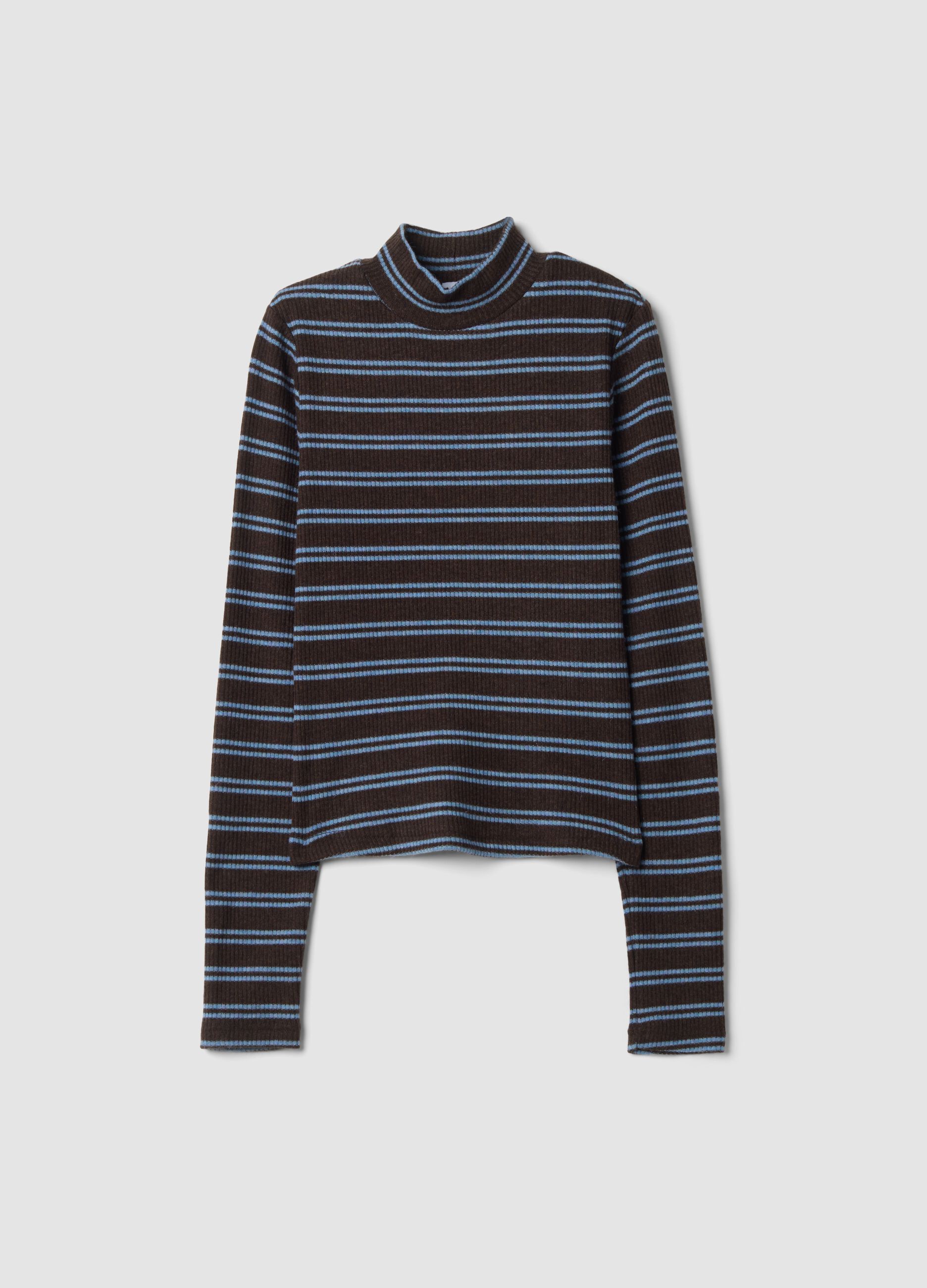 Brown striped stretch T-shirt with raised neck