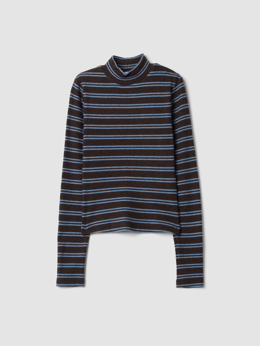 Brown striped stretch T-shirt with raised neck_0