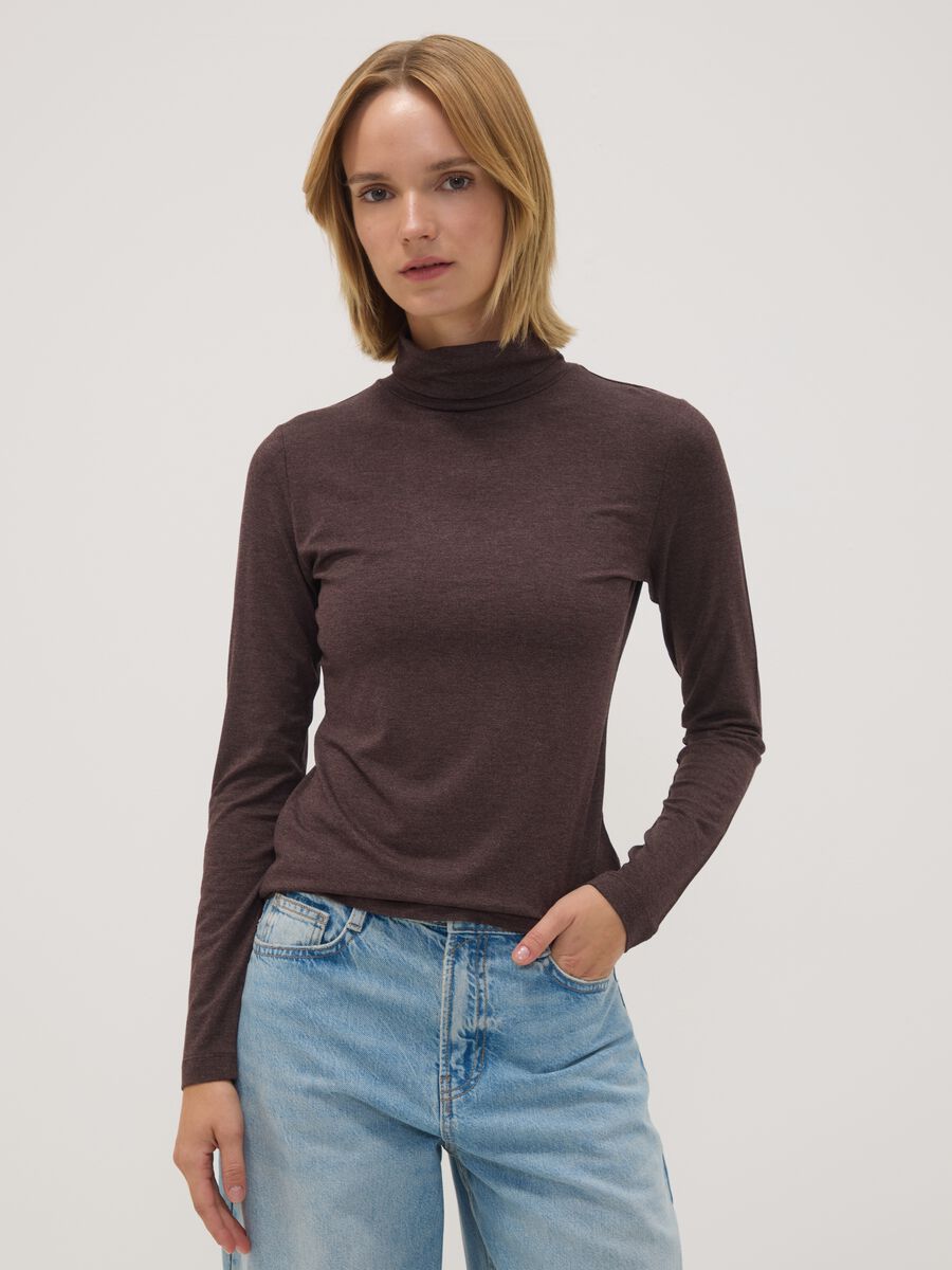 Brown stretch viscose top with mock neck, regular fit_0