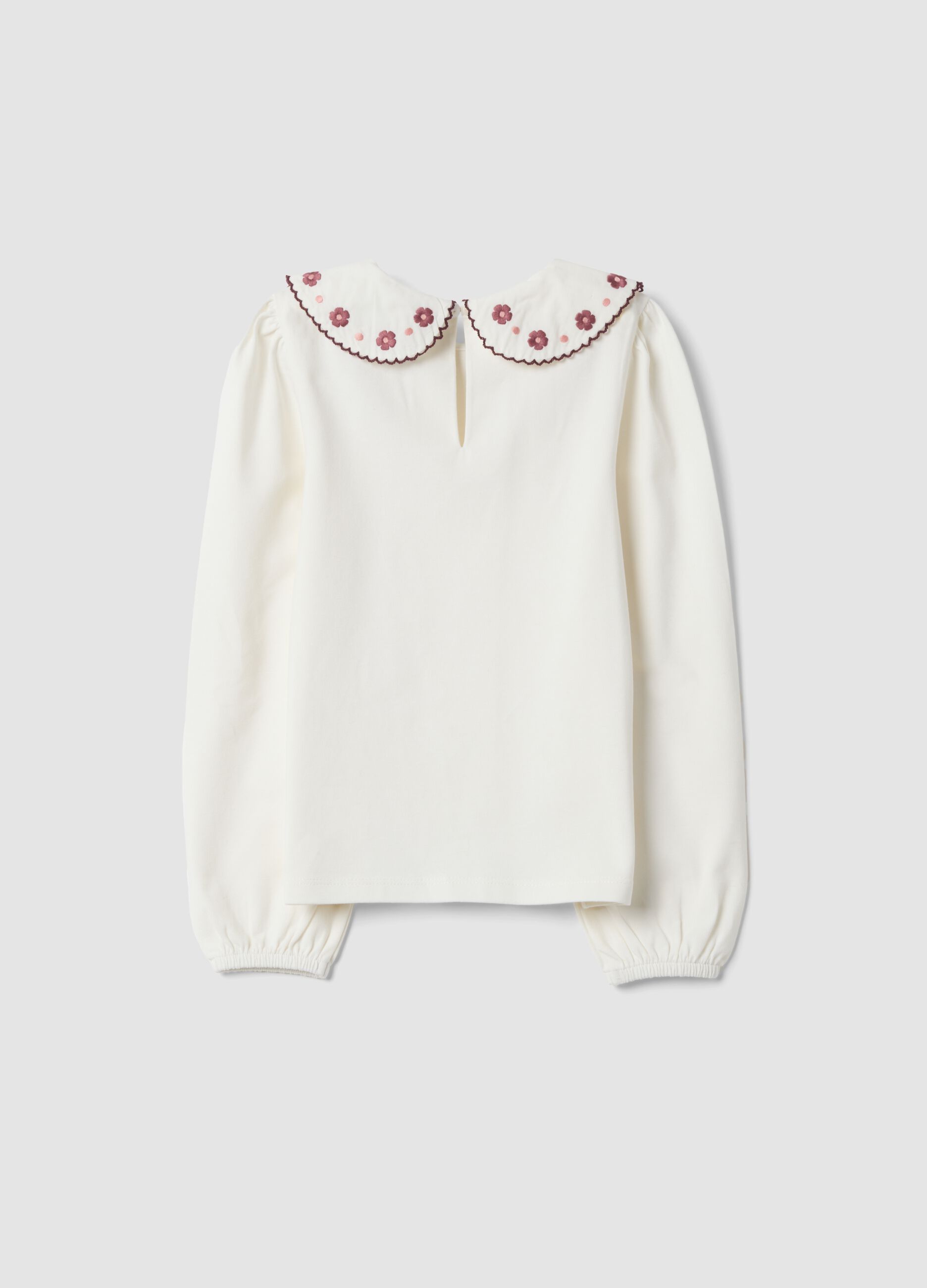 T-shirt bianca girocollo in cotone elasticizzato con colletto ricamato