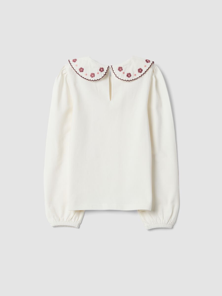 White stretch cotton crew-neck T-shirt with embroidered collar_1