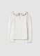 T-shirt bianca girocollo in cotone elasticizzato con colletto ricamato_1