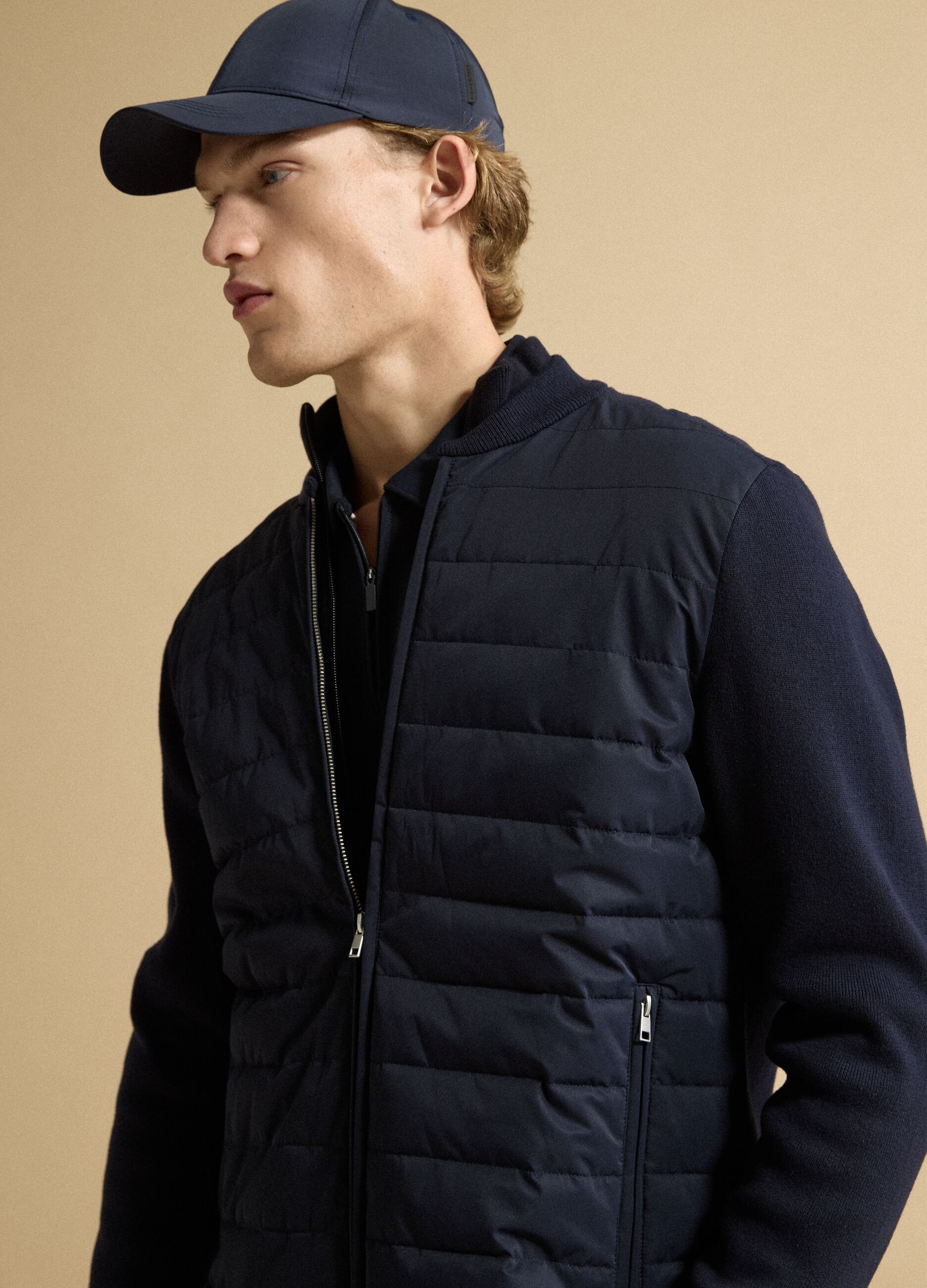 Blue pure cotton zip jacket with knitted sleeves, regular fit