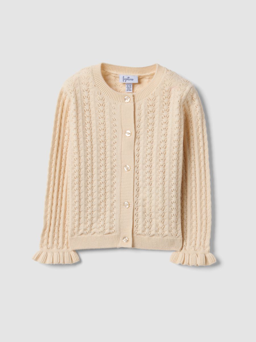 Beige pure cotton openwork knit cardigan for baby girl_0