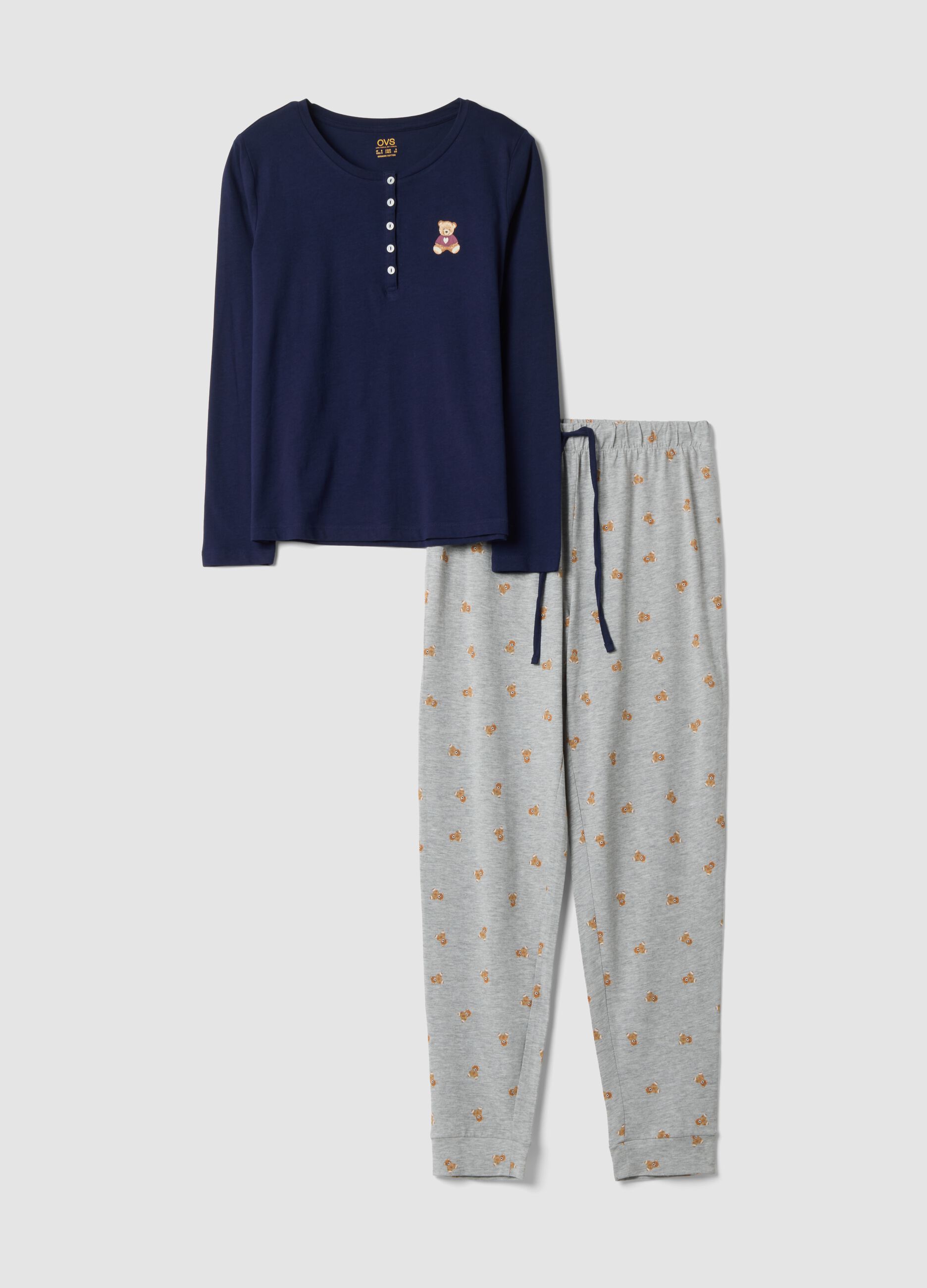 Navy pure organic cotton pyjamas with henley neckline