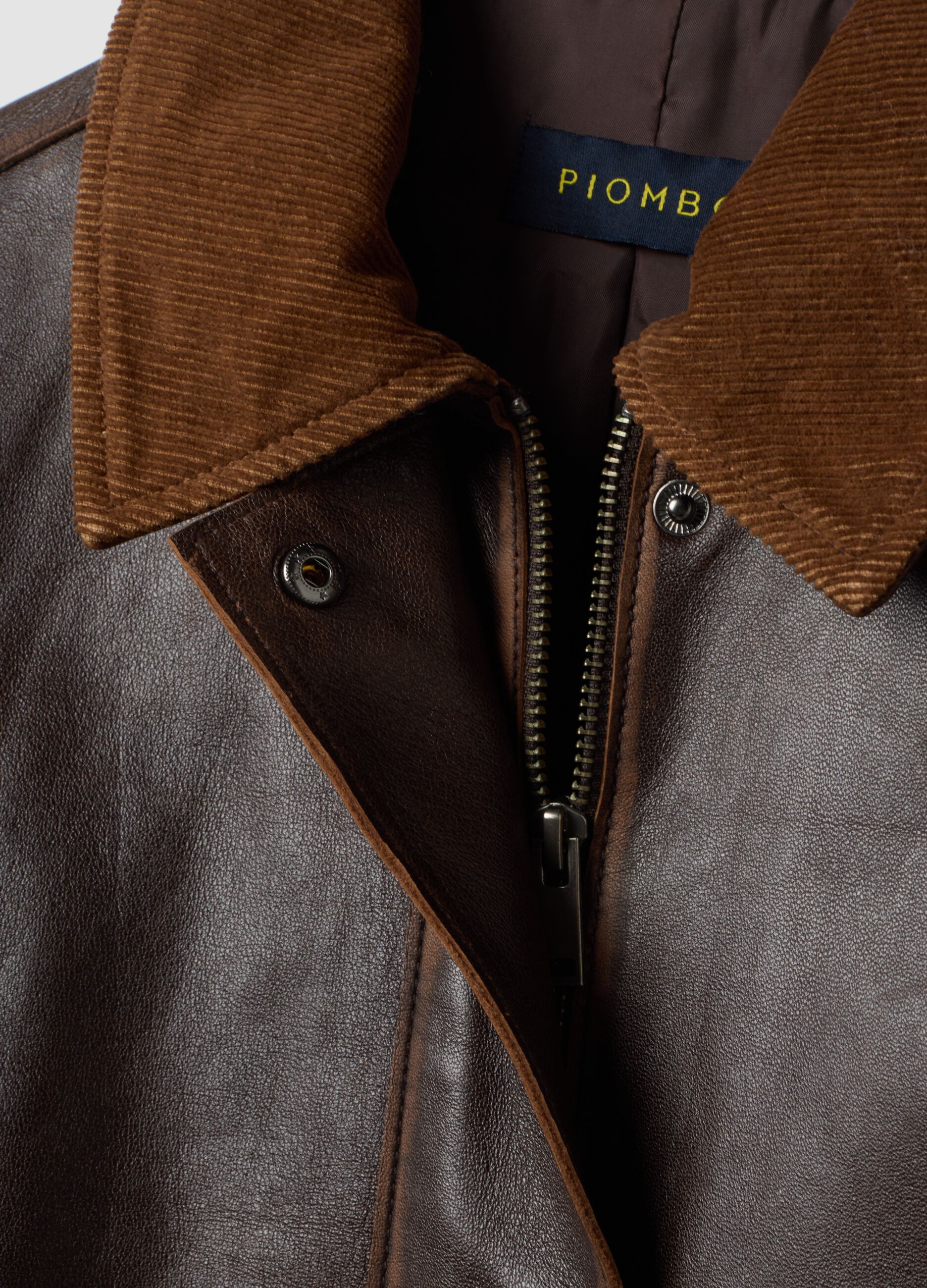 Brown genuine leather jacket with corduroy collar, regular fit