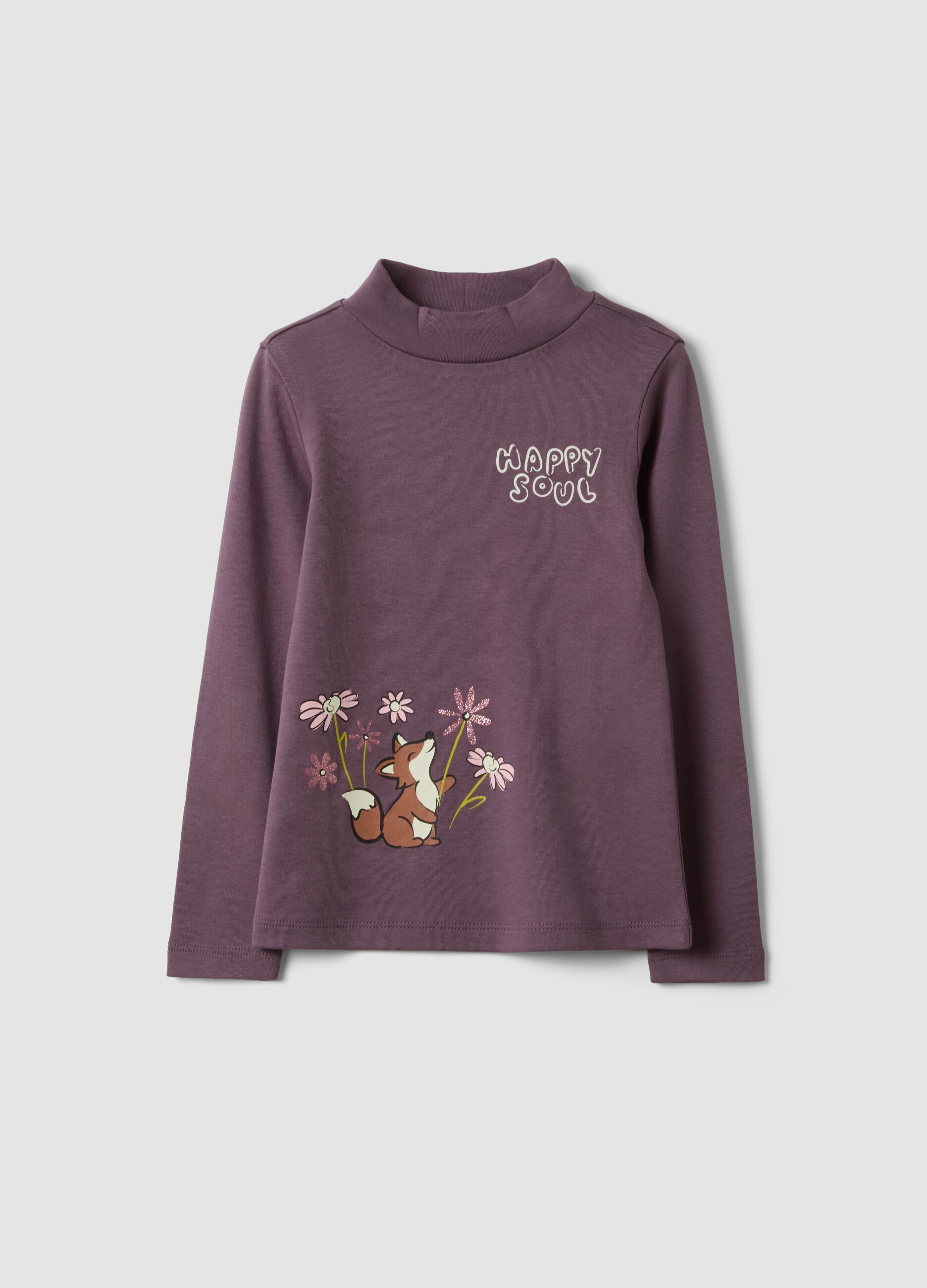 Purple organic cotton T-shirt with stand collar and animal print