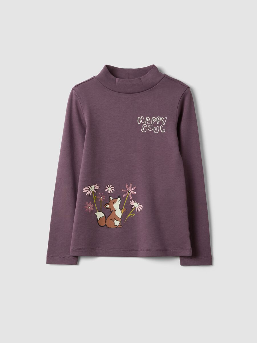 Purple organic cotton T-shirt with stand collar and animal print_0
