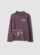 Purple organic cotton T-shirt with stand collar and animal print_0