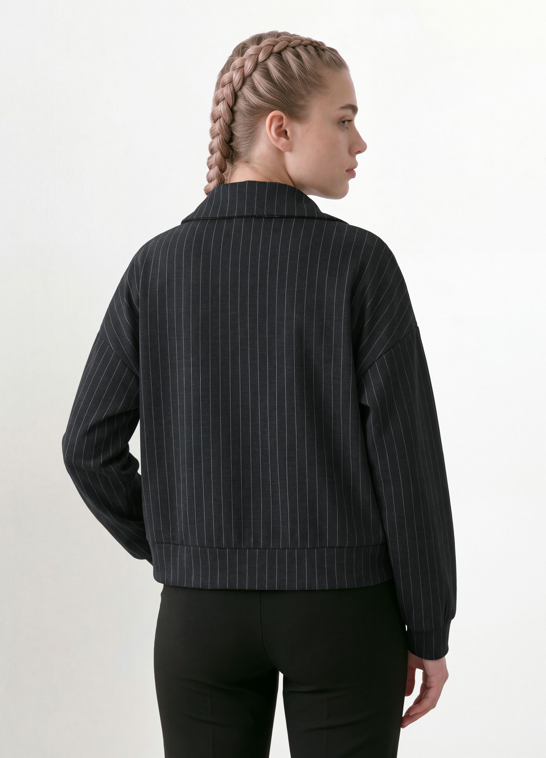 Felpa full zip grigia in viscosa elasticizzata a righe con colletto