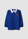 Customisable blue school apron with zip and go-kart embroidery for boys_0
