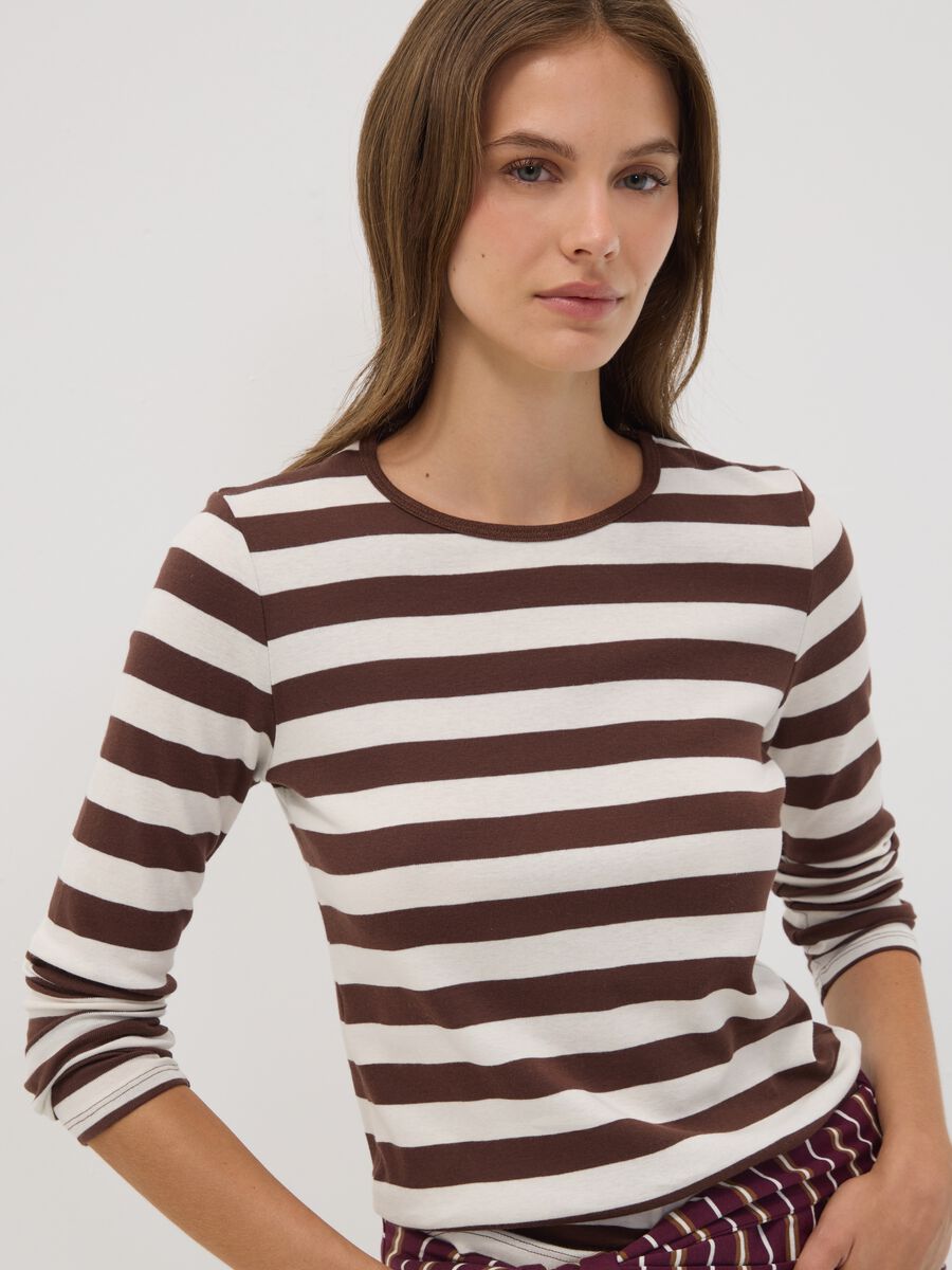 T-shirt bianca a righe in puro cotone con girocollo_1