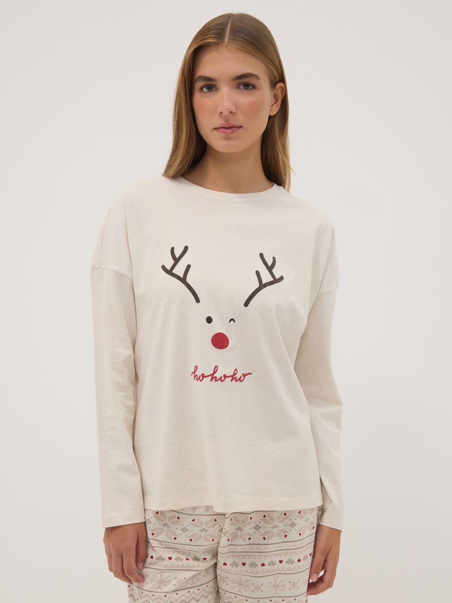 Beige melange organic cotton crew-neck pyjamas_1