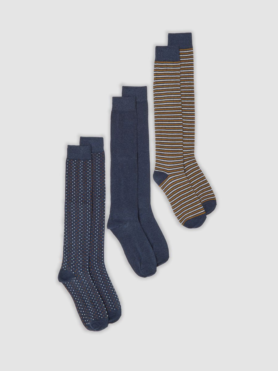 Three-pack of long blue m&eacute;lange socks in stretch organic cotton_0