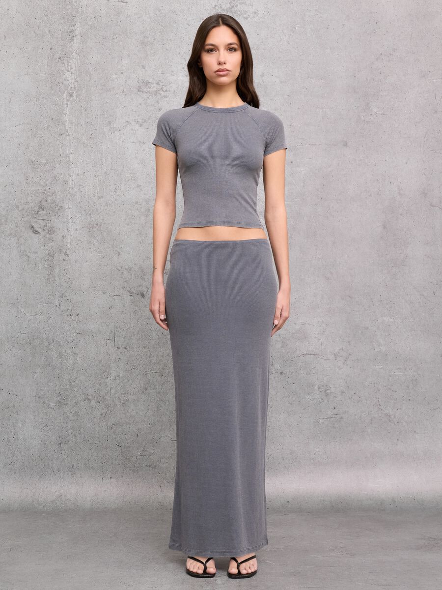 Vintage Grey Ribbed Long Skirt_0