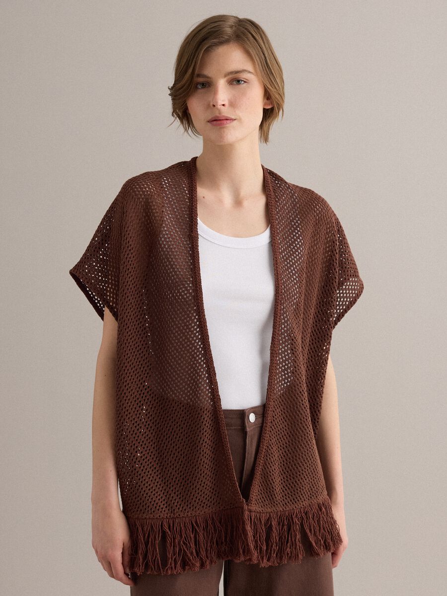 Brown crochet viscose-blend fringed cardigan, regular fit_0