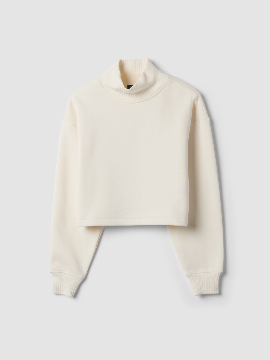 White cropped cotton-blend fleece sweatshirt with crew neck_0