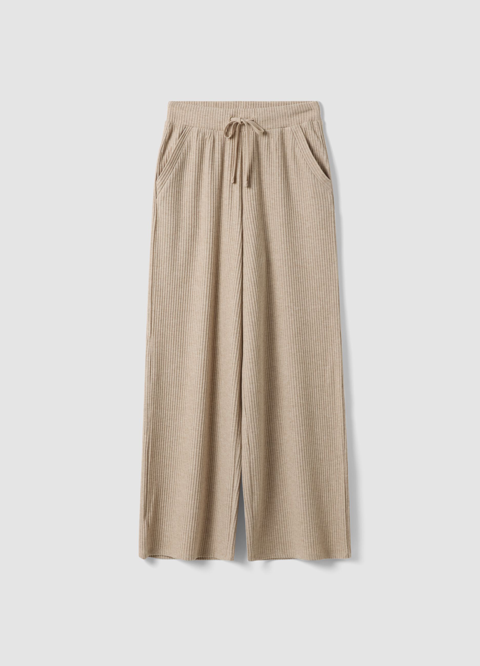 Beige ribbed stretch viscose straight-fit trousers