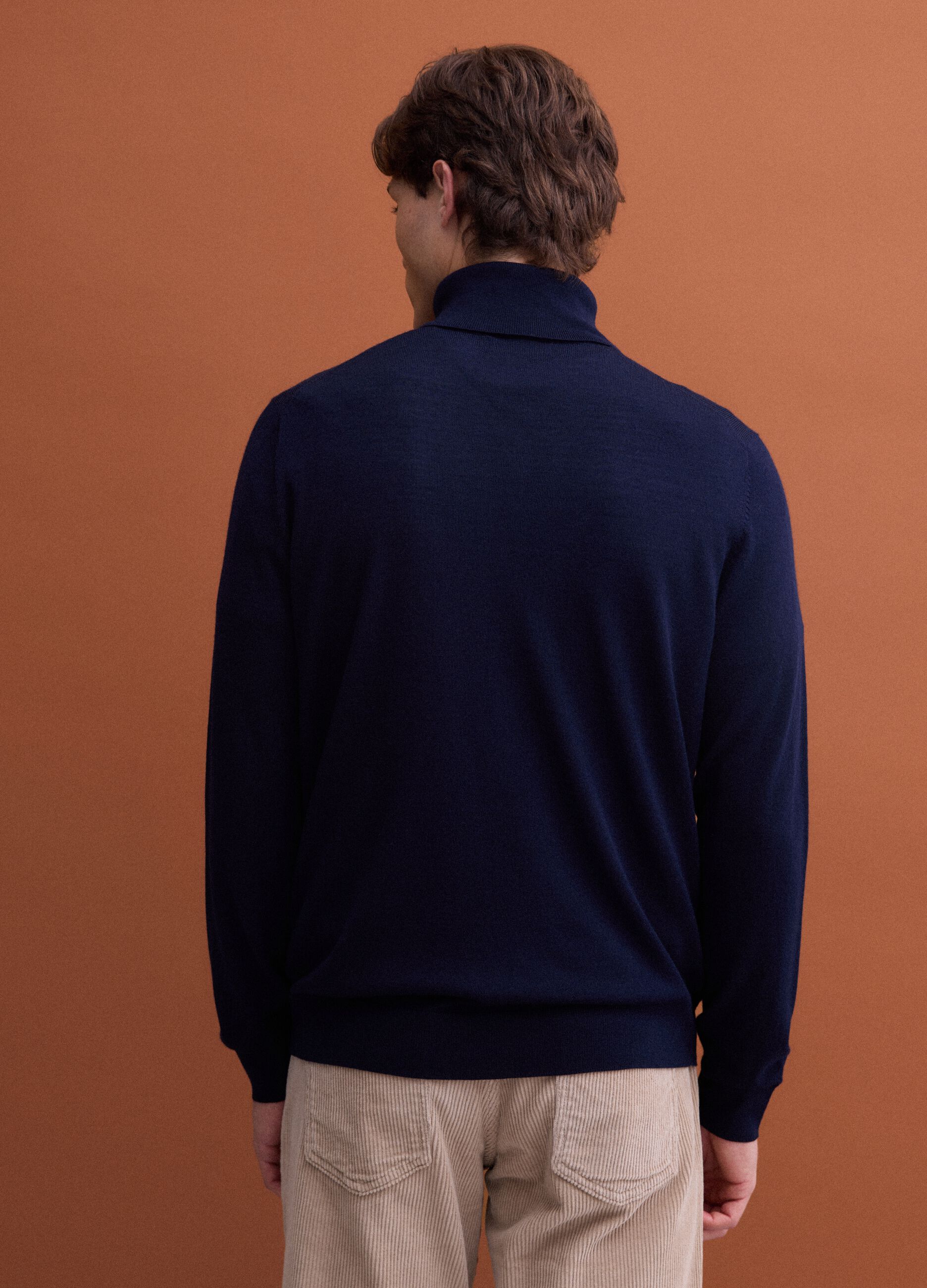 Navy blue merino wool roll-neck jumper, regular fit