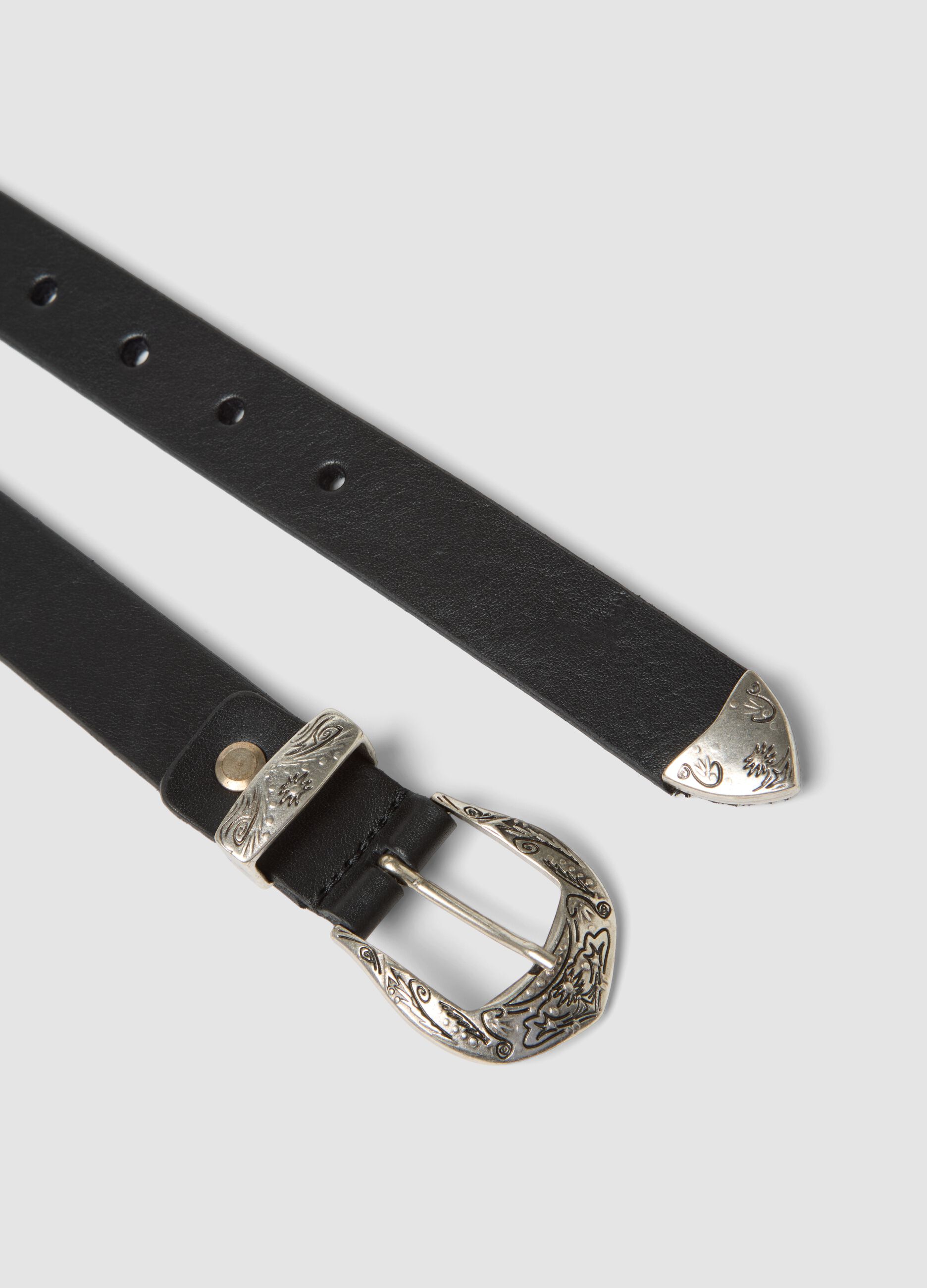 Black genuine leather belt with engraved buckle