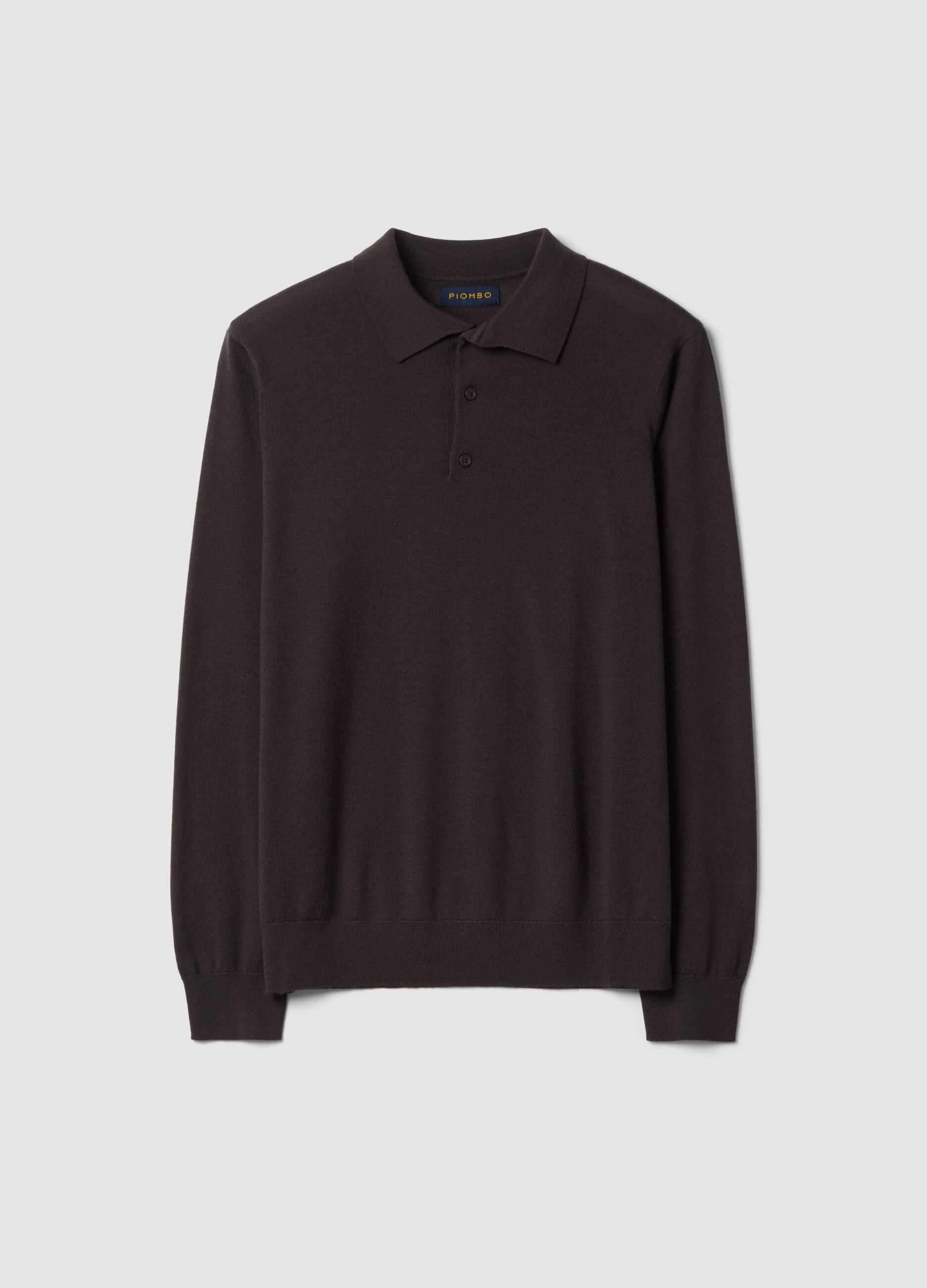 Brown pure merino wool polo jumper with polo collar