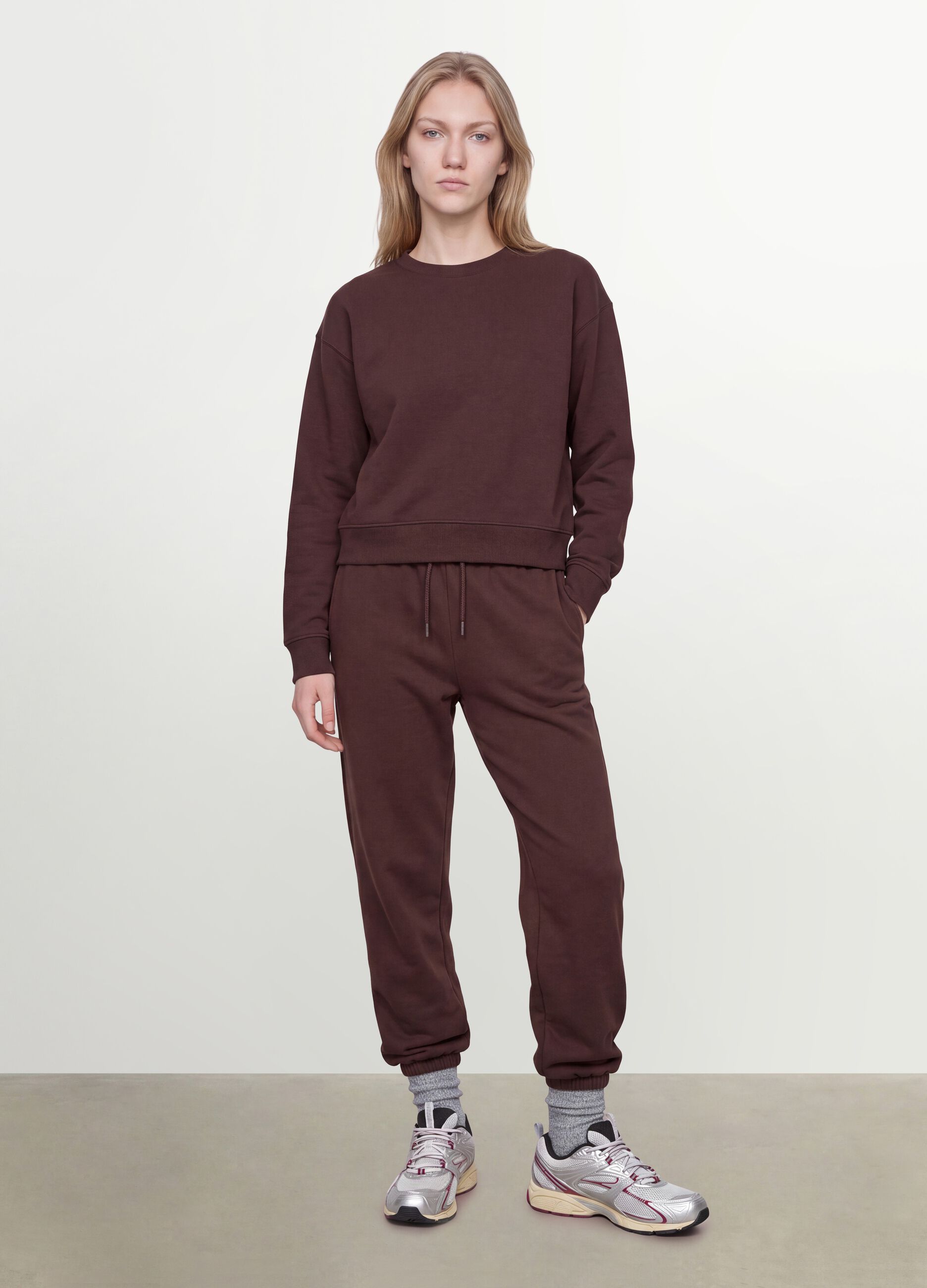 Brown cotton-blend jogger trousers with elasticated waist, regular fit