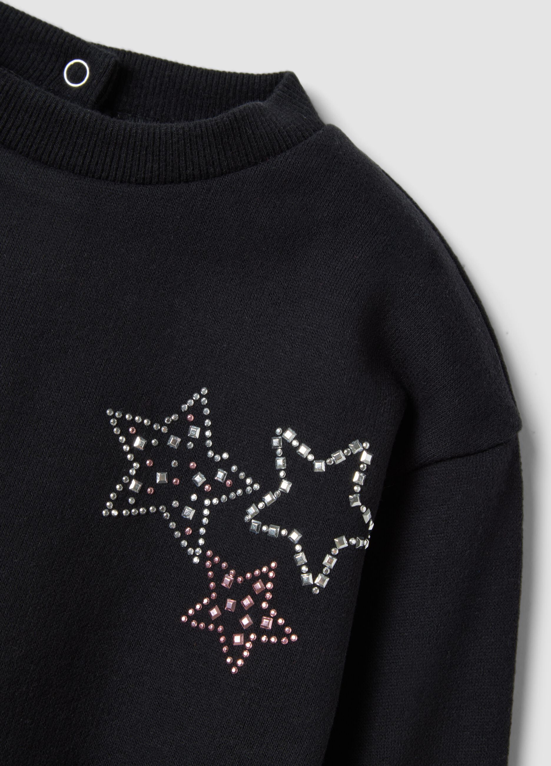 Black pure cotton crew-neck sweatshirt with rhinestones for baby girl