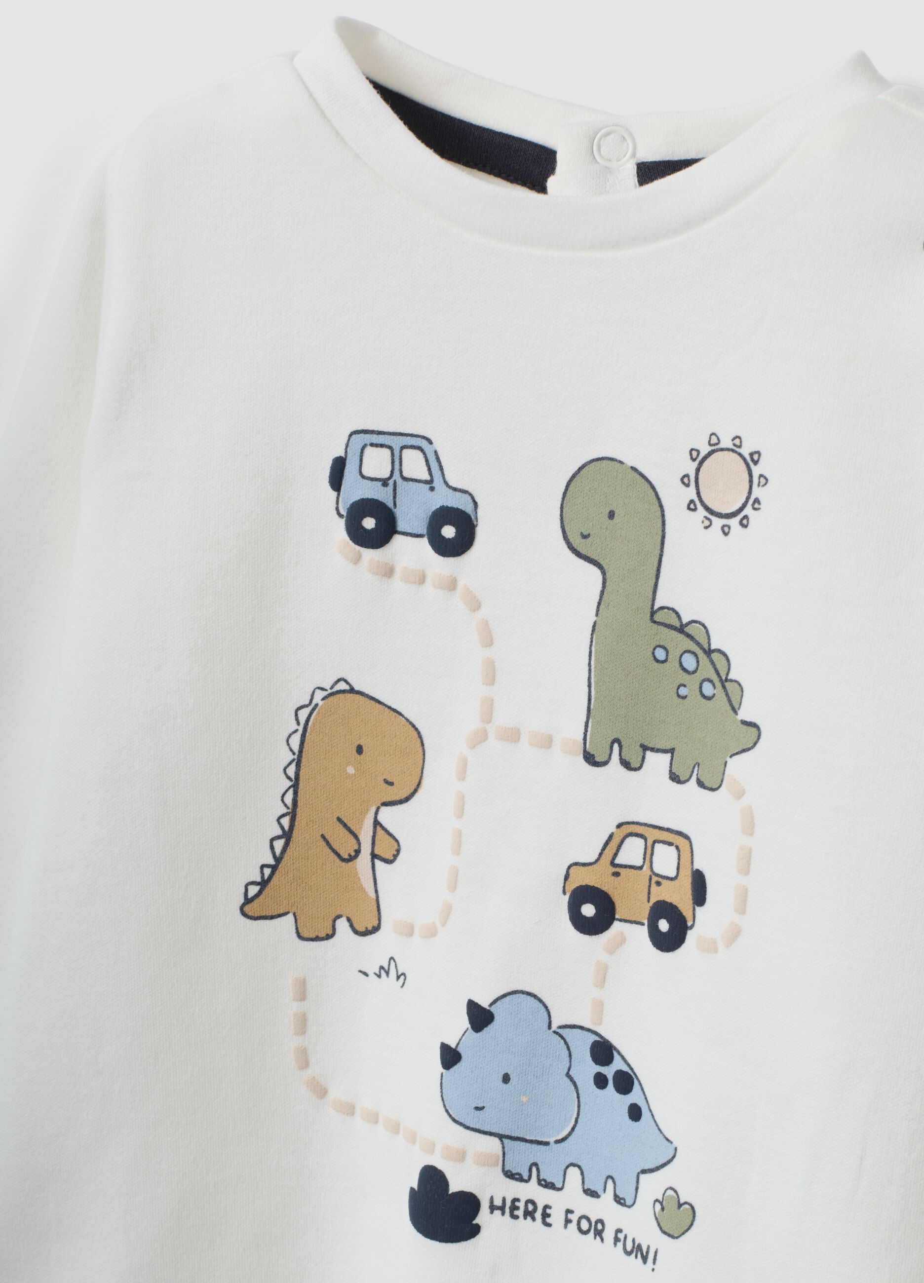 White organic cotton baby T-shirt with dinosaur print