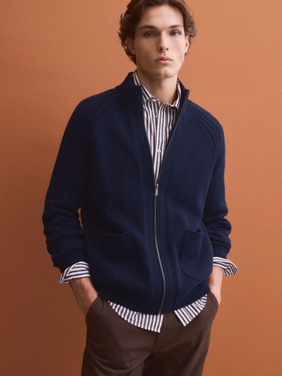 Blue cotton-blend cardigan with collar_0