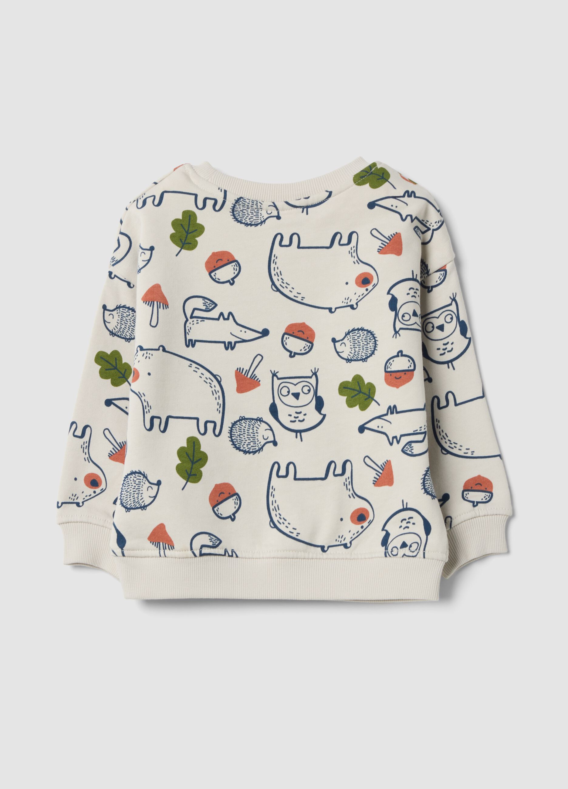 Felpa beige in puro cotone con girocollo e stampa animali over fit