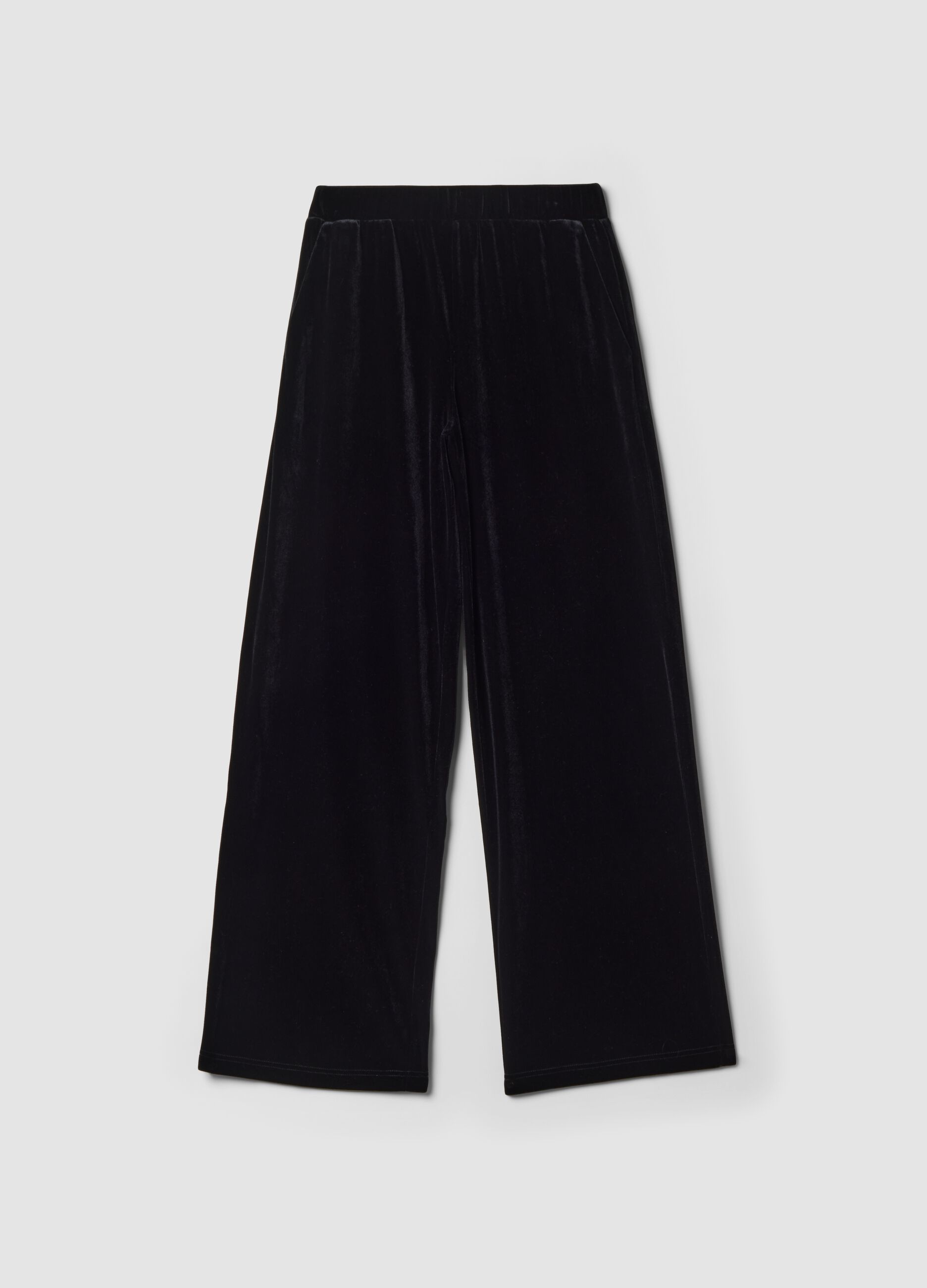 Pantaloni neri wide leg in tessuto velour elasticizzato