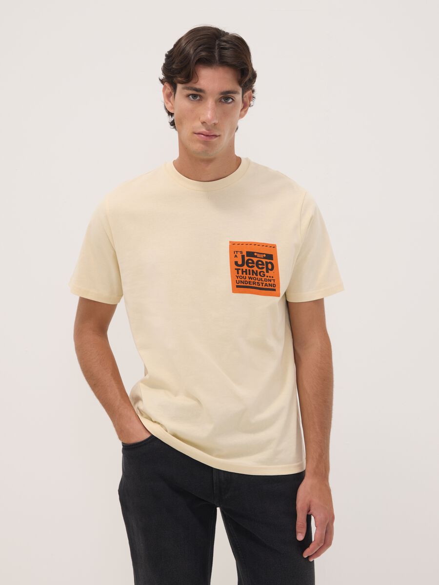 Beige pure cotton crew-neck T-shirt with Jeep print_0