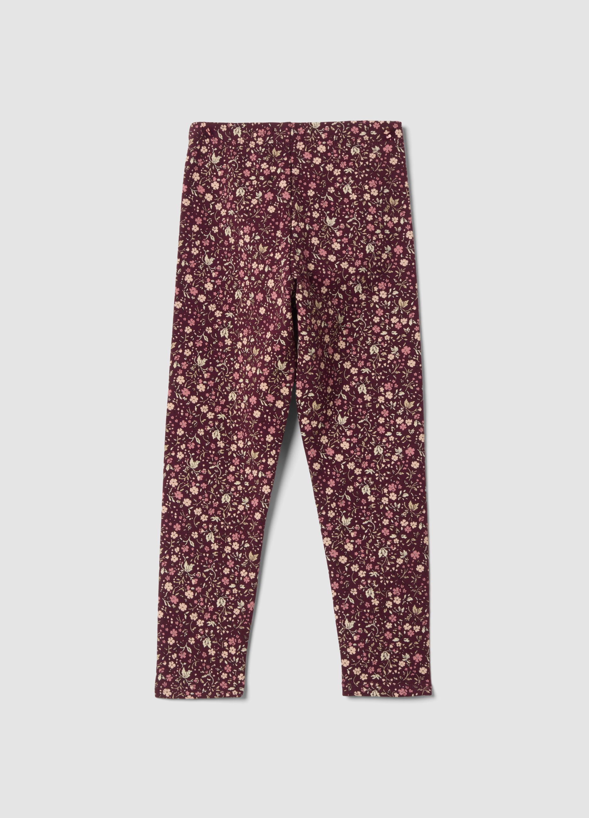 Leggings viola skinny in cotone organico elasticizzato con fantasia floreale