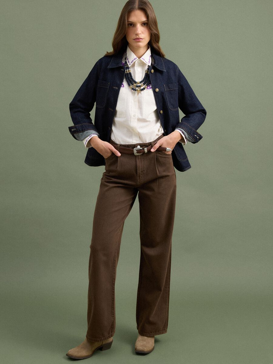 High-waisted wide-leg brown jeans in pure cotton_0