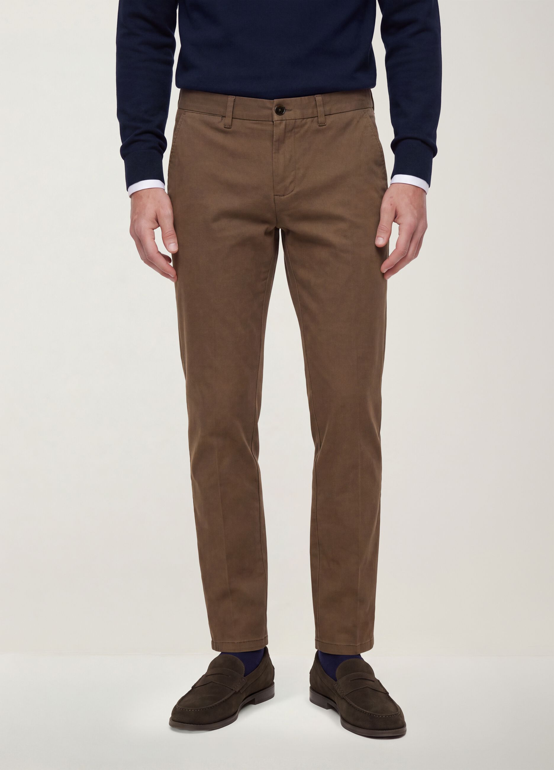 Men's brown slim-fit stretch cotton twill chino trousers