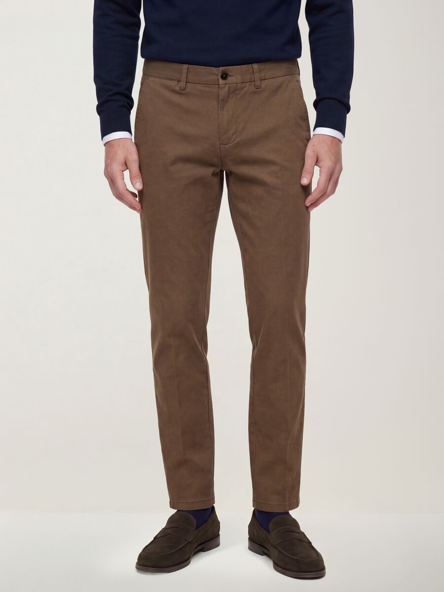 Brown slim-fit stretch cotton twill chino trousers_1