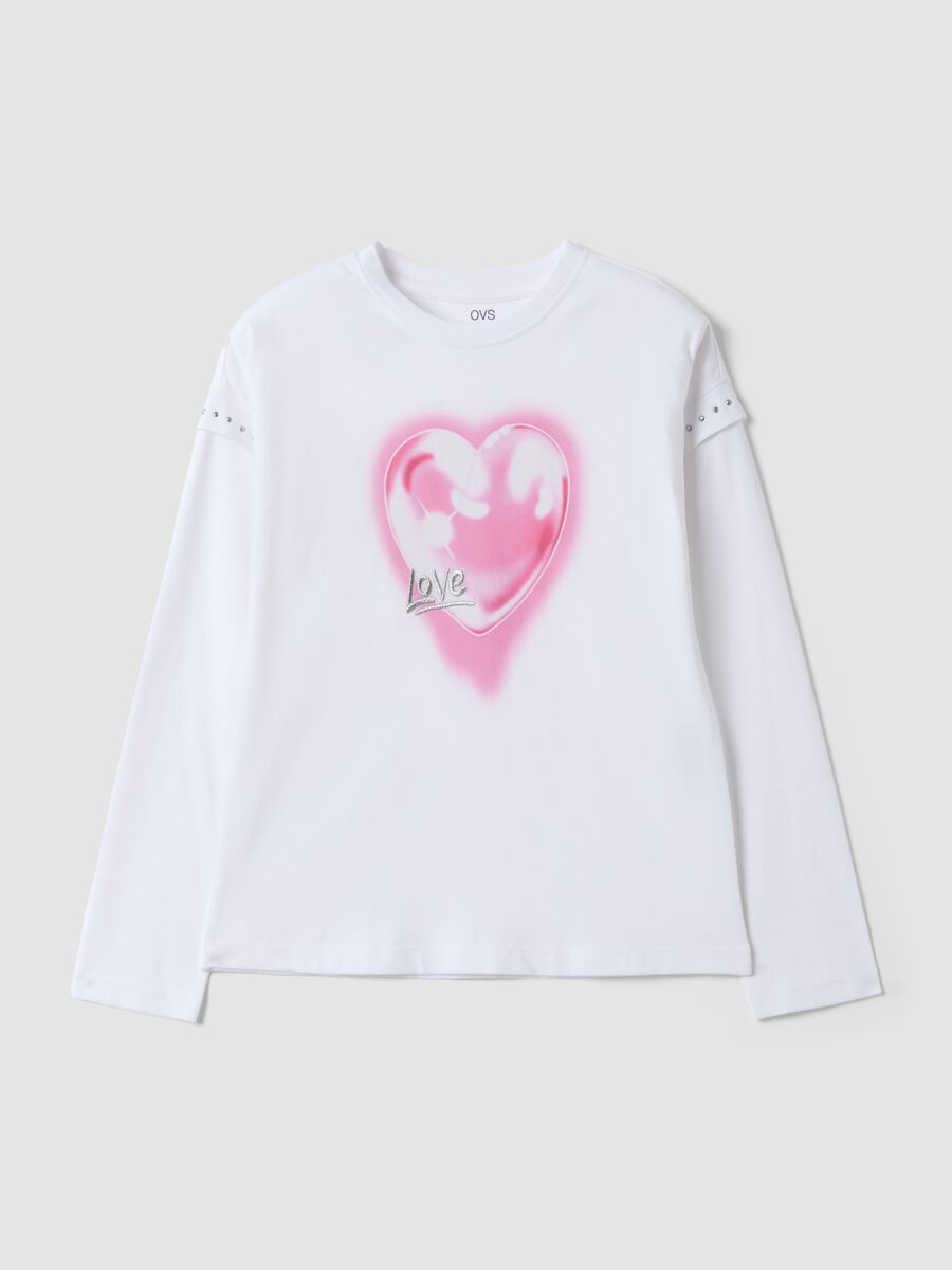 White pure cotton crew-neck T-shirt with heart print for girls_0