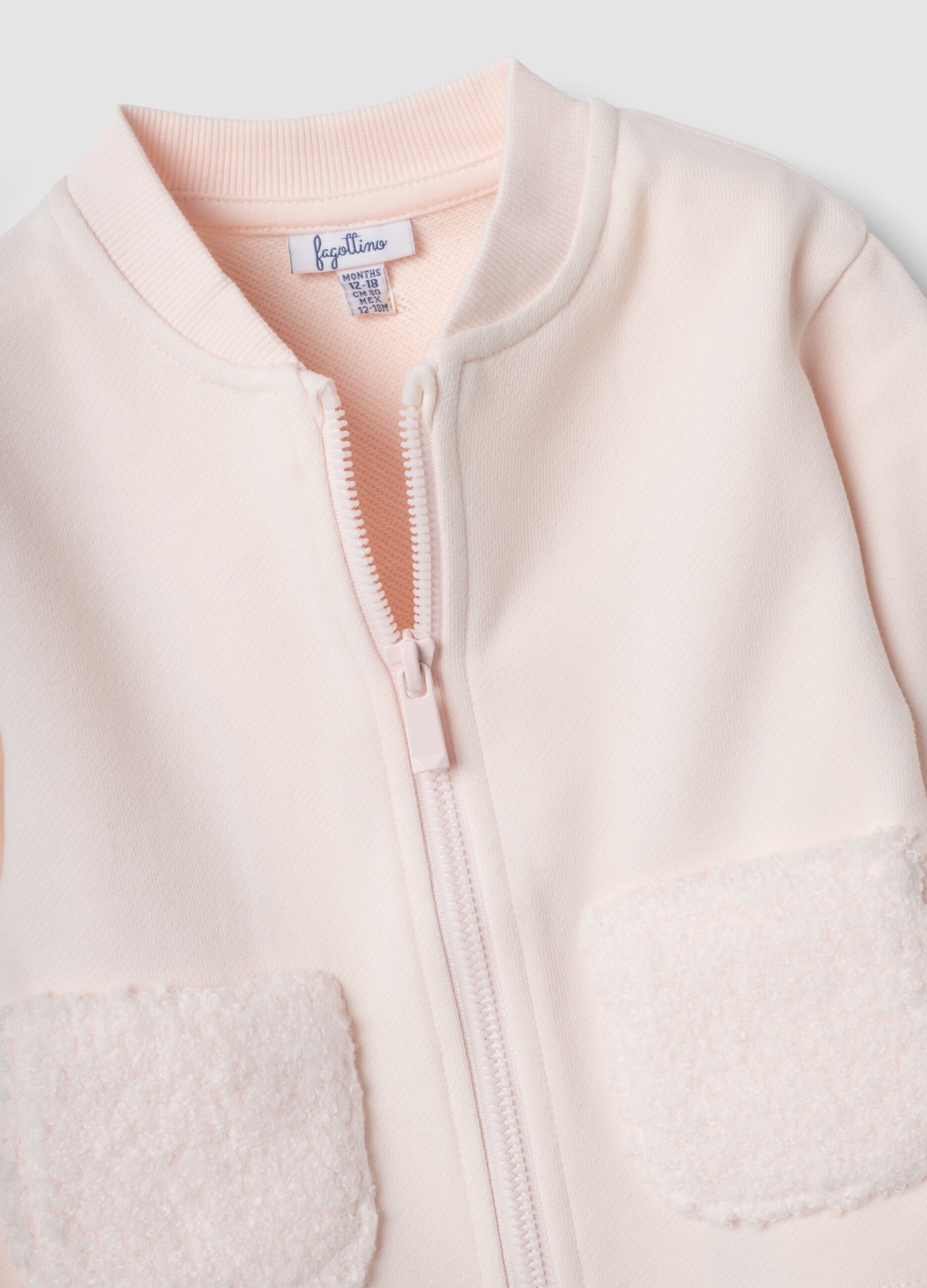 Pink pure cotton sweatshirt with crew neck and zip