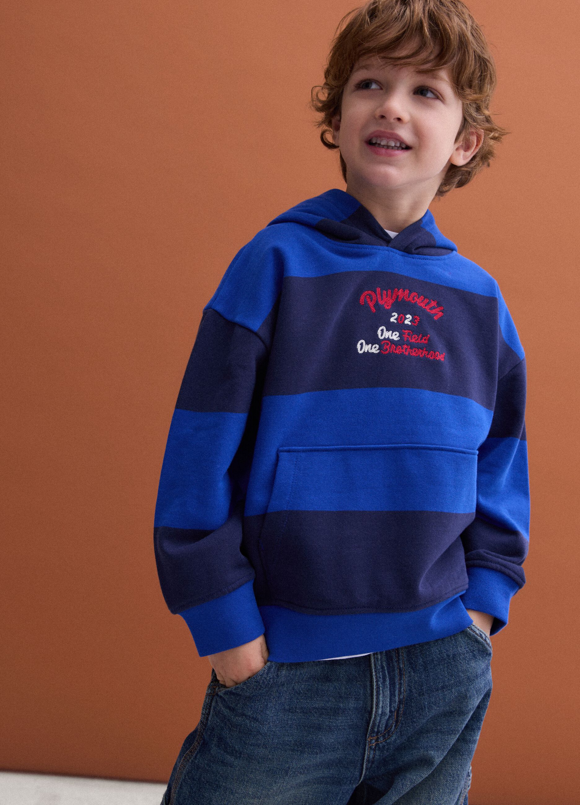 Felpa blu navy con cappuccio in puro cotone over fit a righe