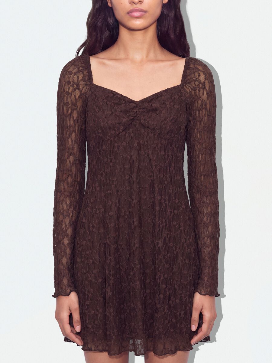 Brown stretch-fabric dress with deep V-neck, regular fit_3