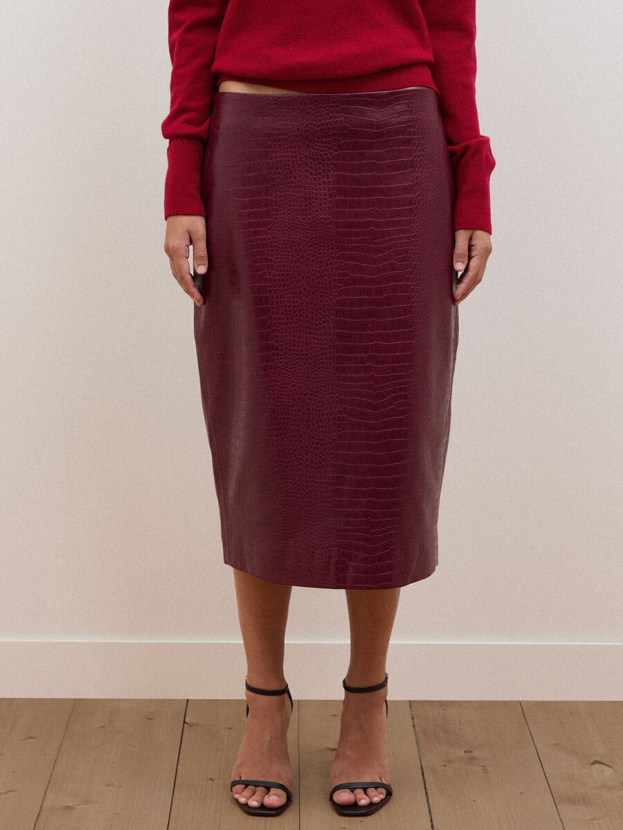 Red midi skirt in pure viscose with embossed print_2
