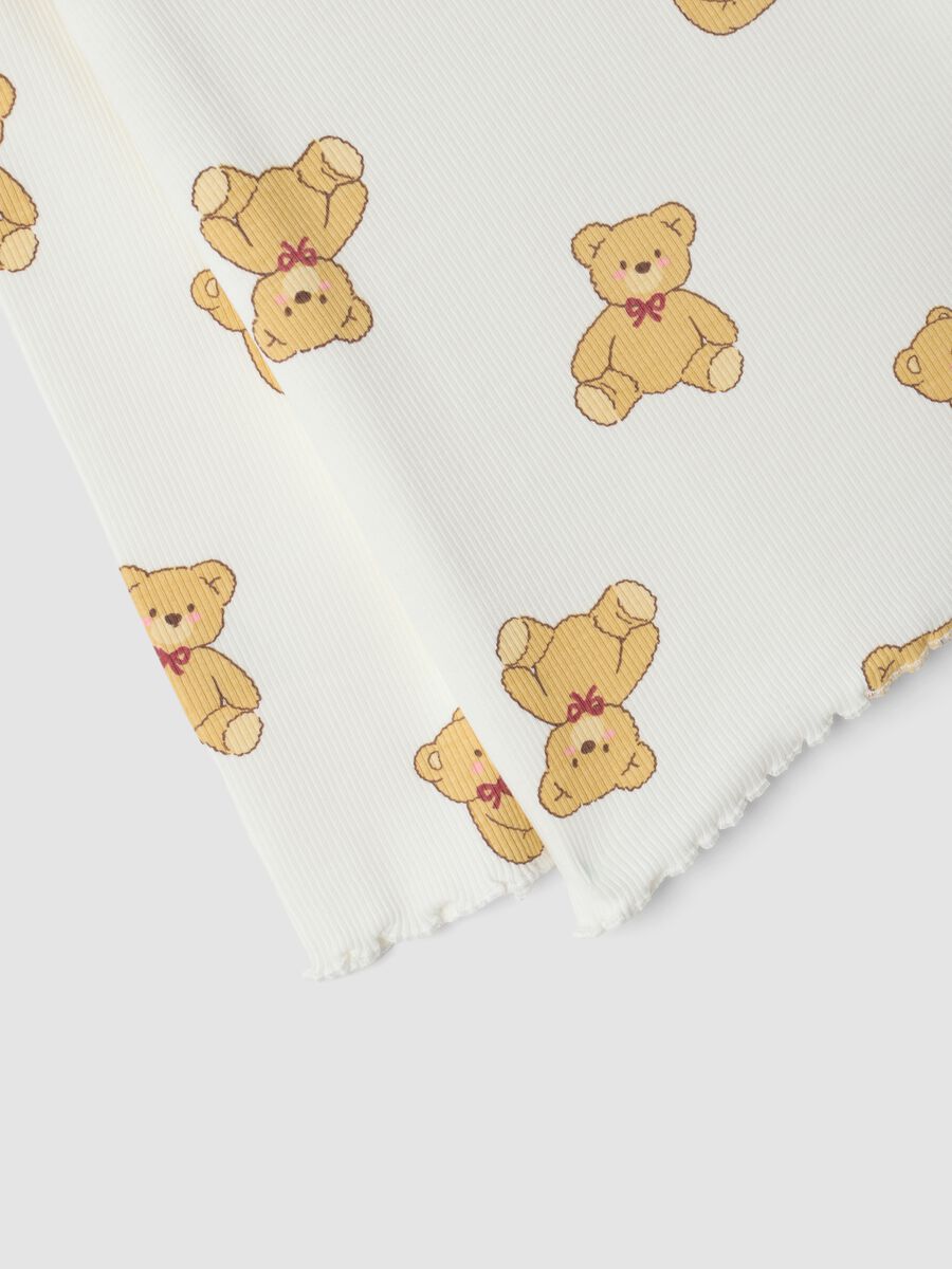 White stretchy organic cotton T-shirt with teddy bear print for baby girl_2