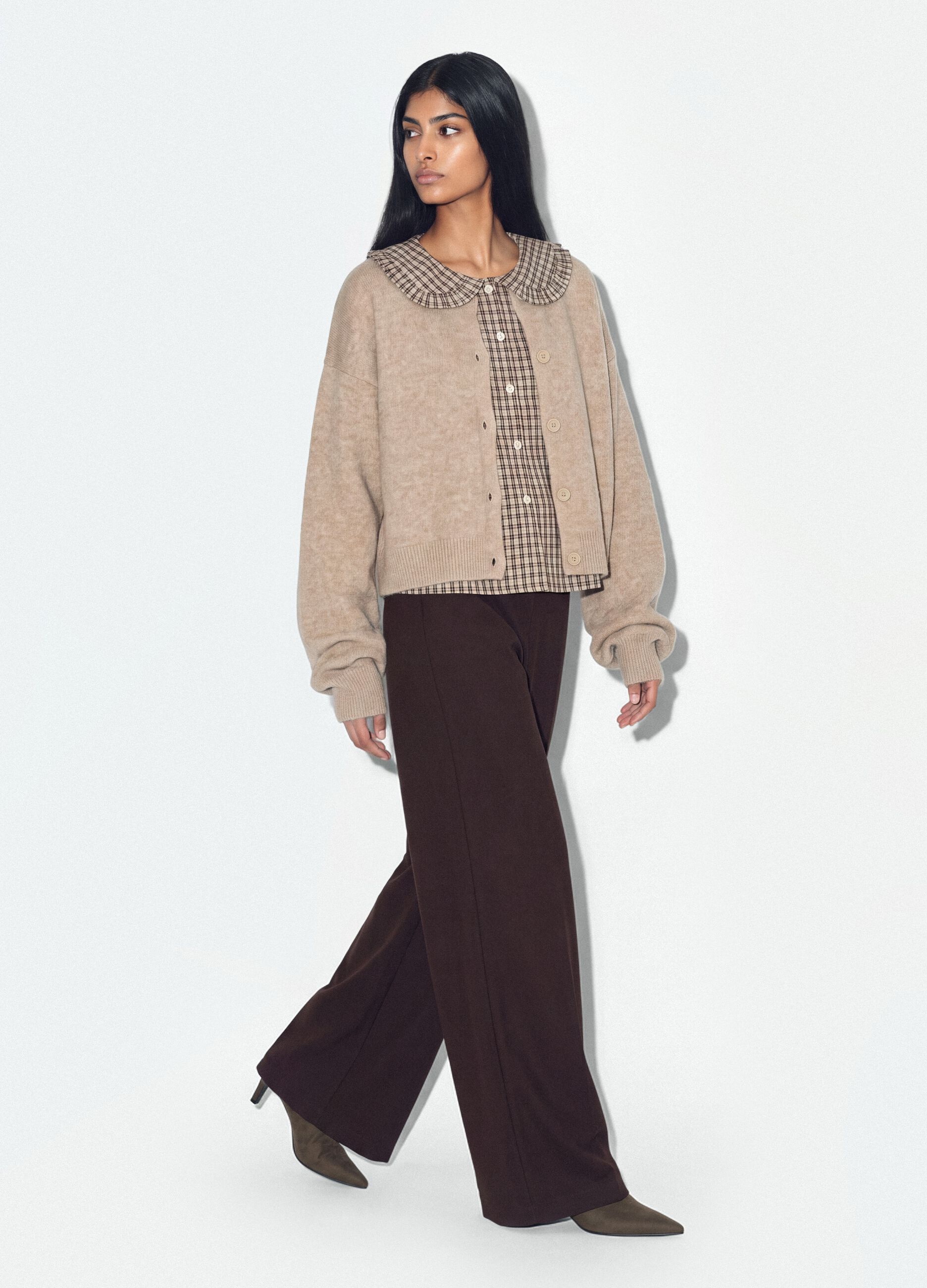 Beige stretch-fabric crew-neck cardigan with oversized fit