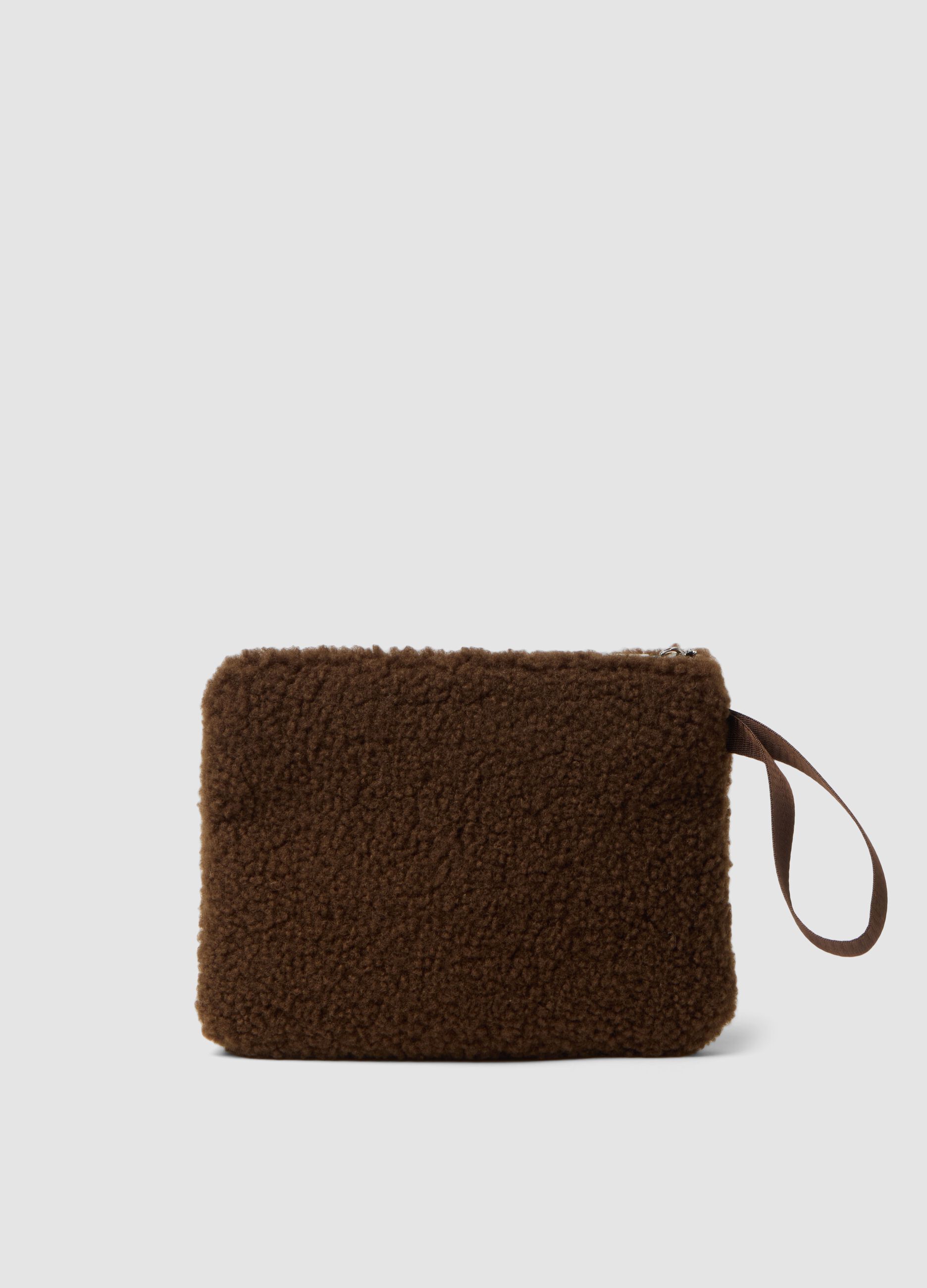 Brown wristlet pouch with zip and teddy effect