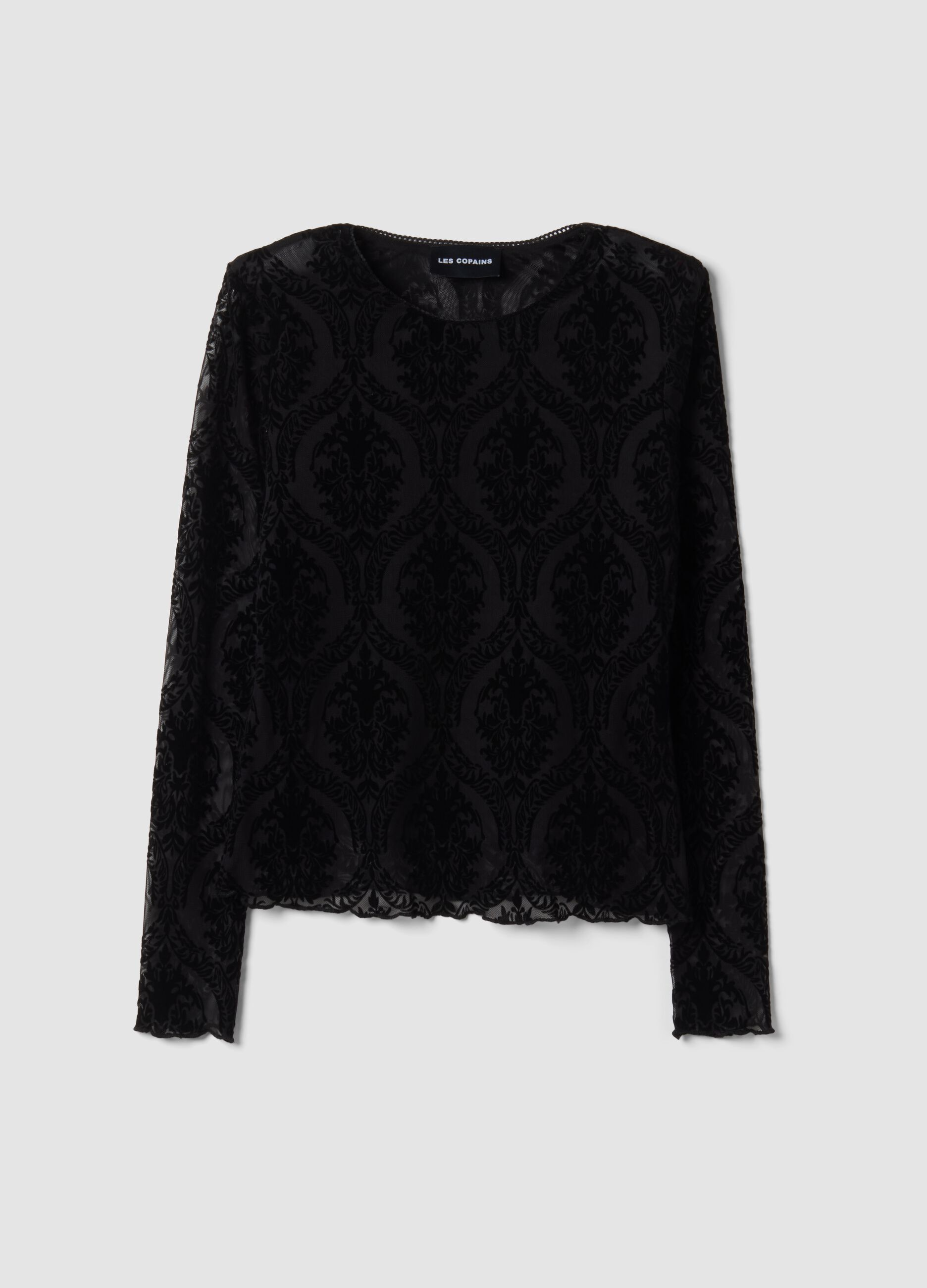 Black regular-fit T-shirt in sheer stretch fabric with pattern