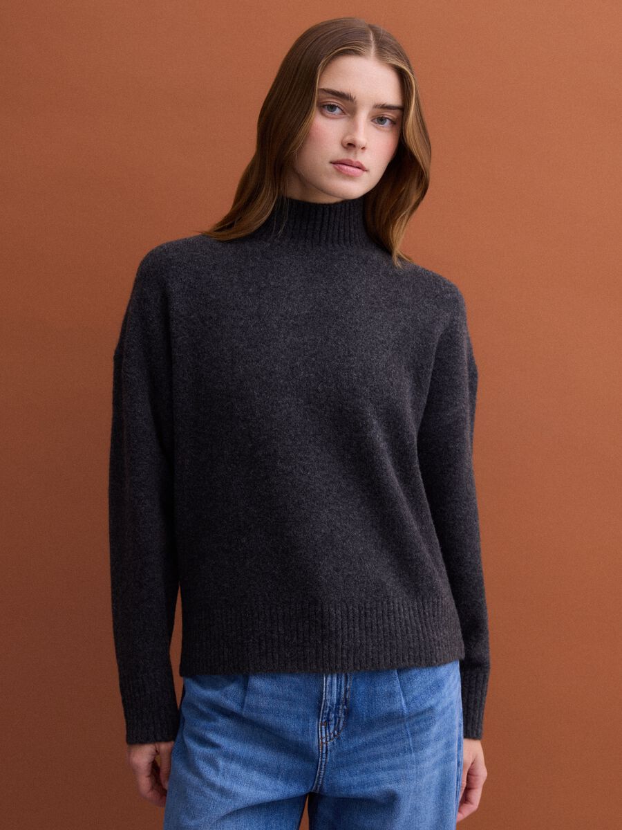 Anthracite grey stretch wool jumper with stand-up collar_1