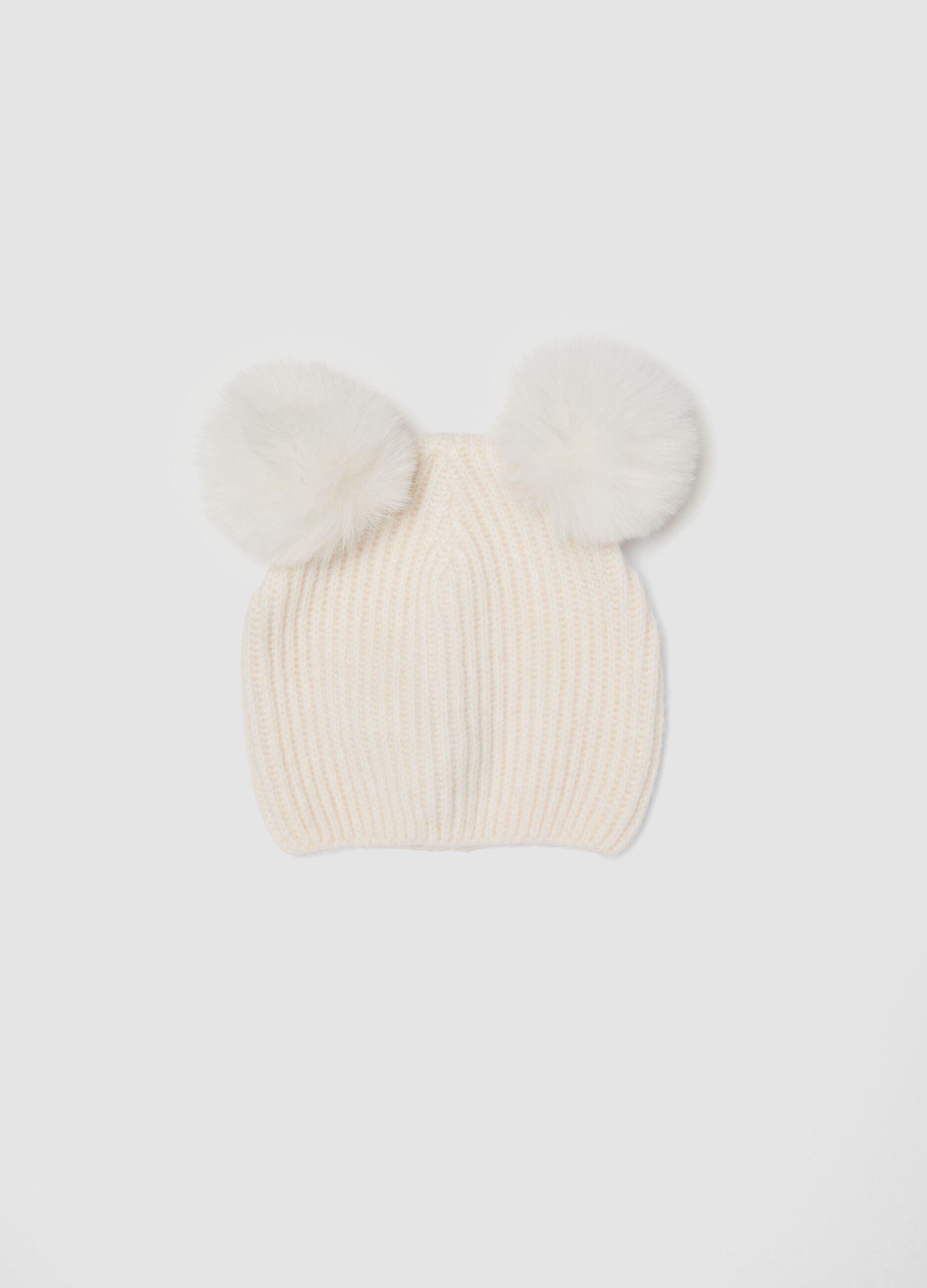 White ribbed wool-blend beanie with two pom-poms