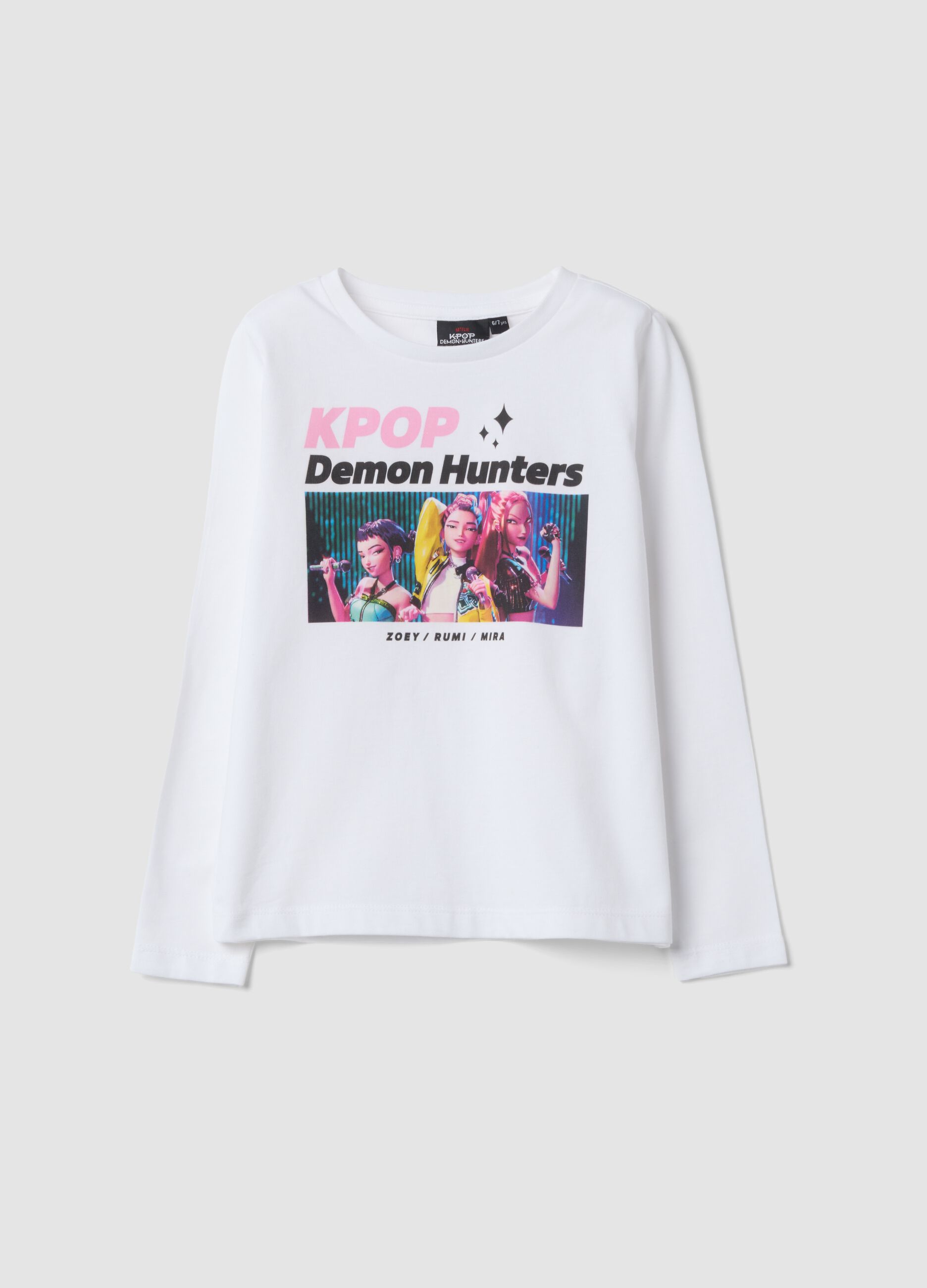 White pure cotton T-shirt with K-Pop Demon Hunters print, regular fit