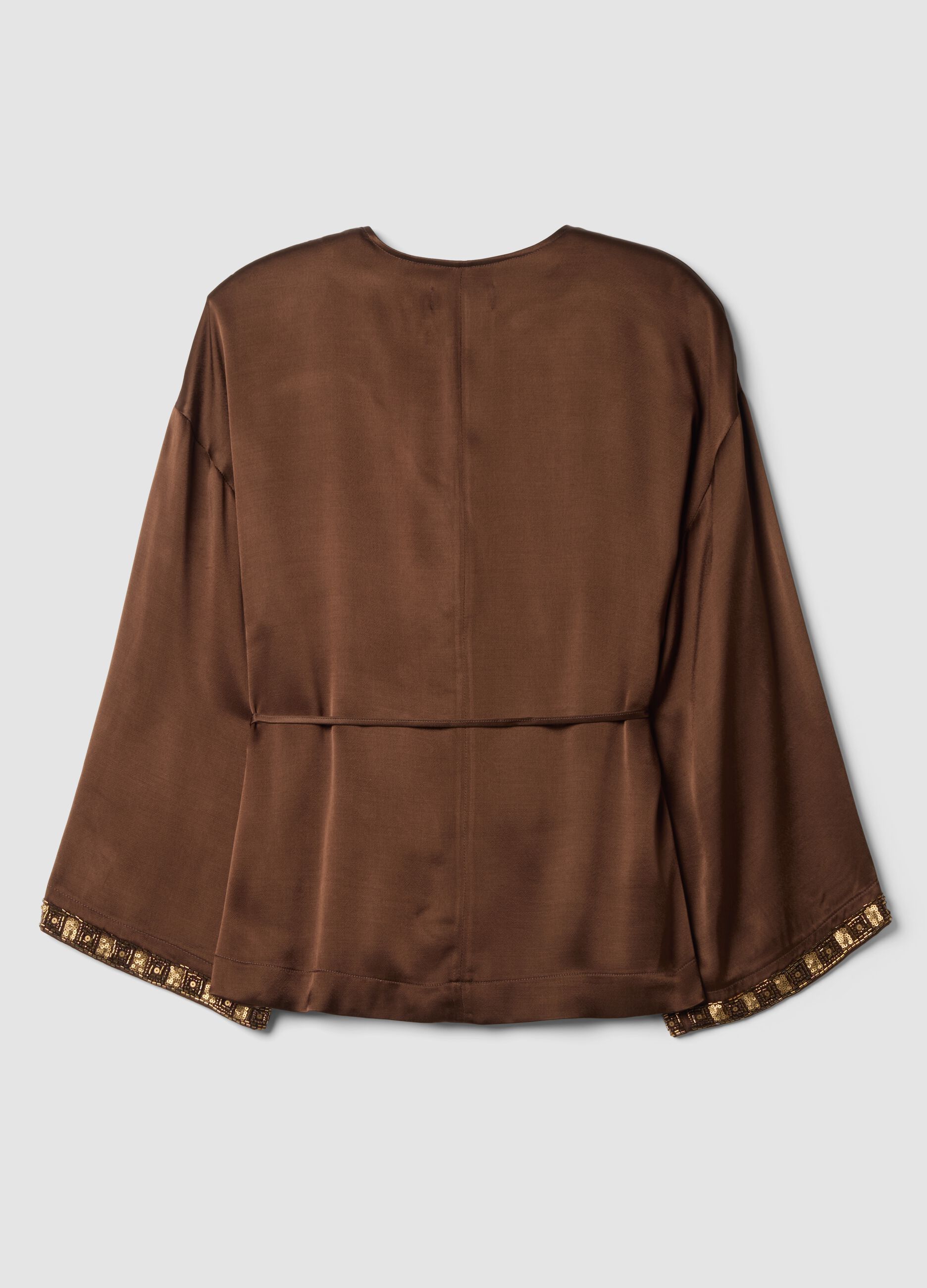 Brown pure-viscose kimono blazer with belt
